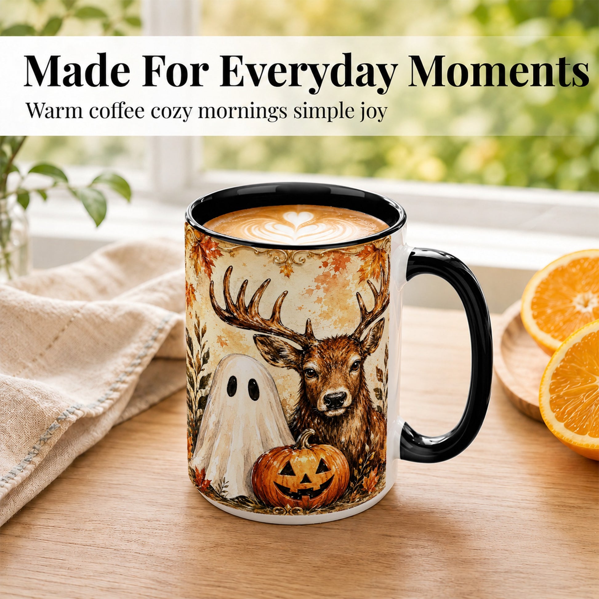 #pl[15oz|Black] Autumn Deer Coffee Mug, Ghost Pumpkin Mug, Ceramic Cup