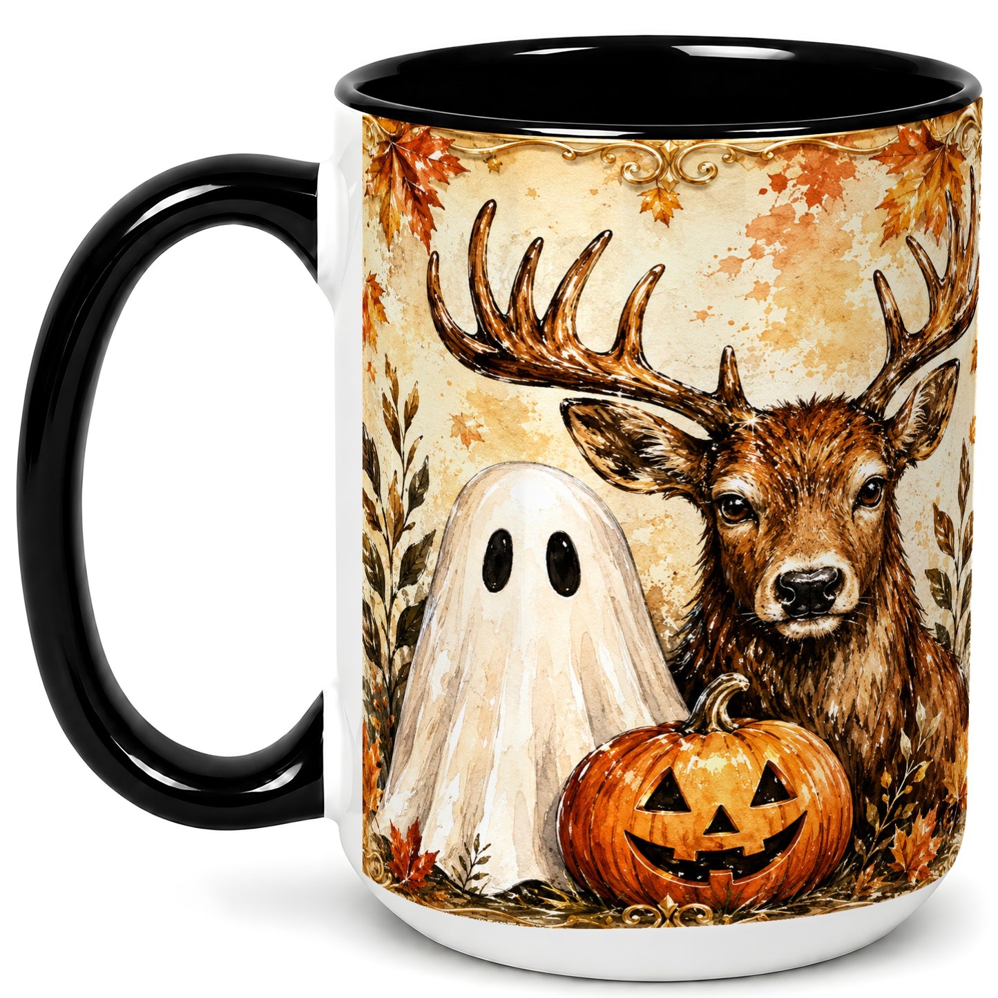 #pl[15oz|Black] Autumn Deer Coffee Mug, Ghost Pumpkin Mug, Ceramic Cup