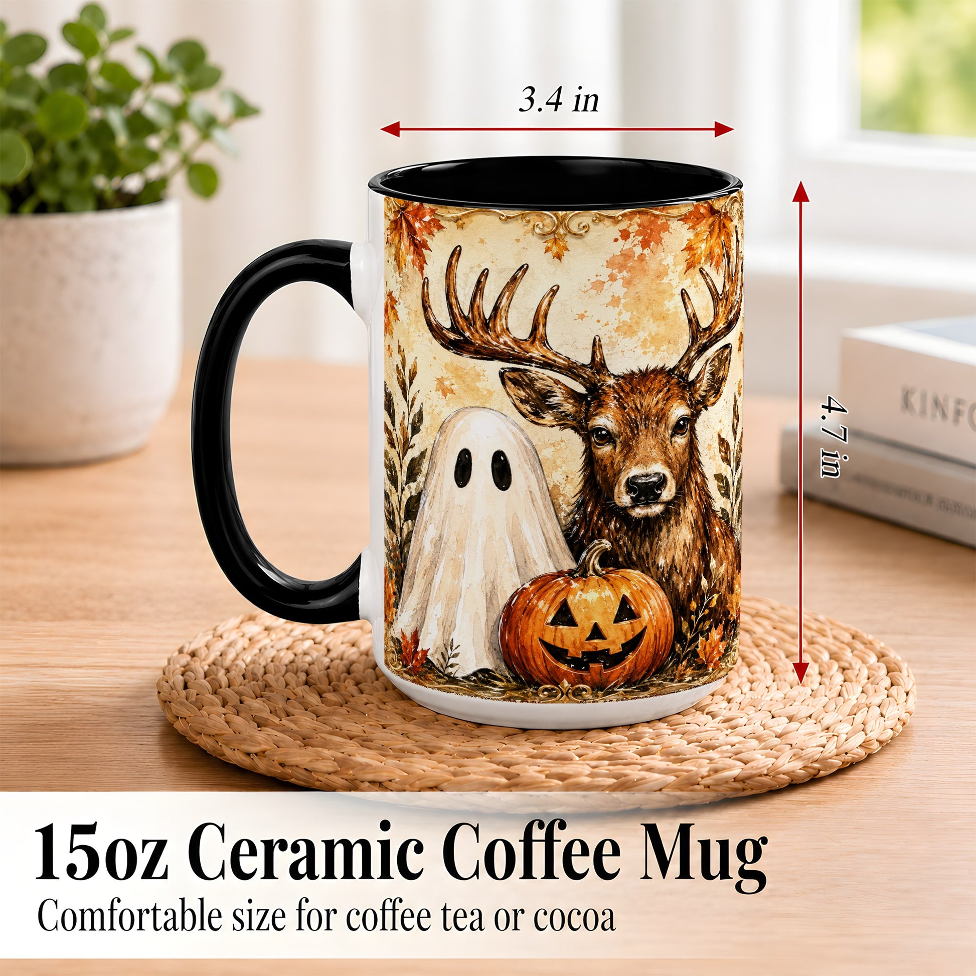 #pl[15oz|Black] Autumn Deer Coffee Mug, Ghost Pumpkin Mug, Ceramic Cup