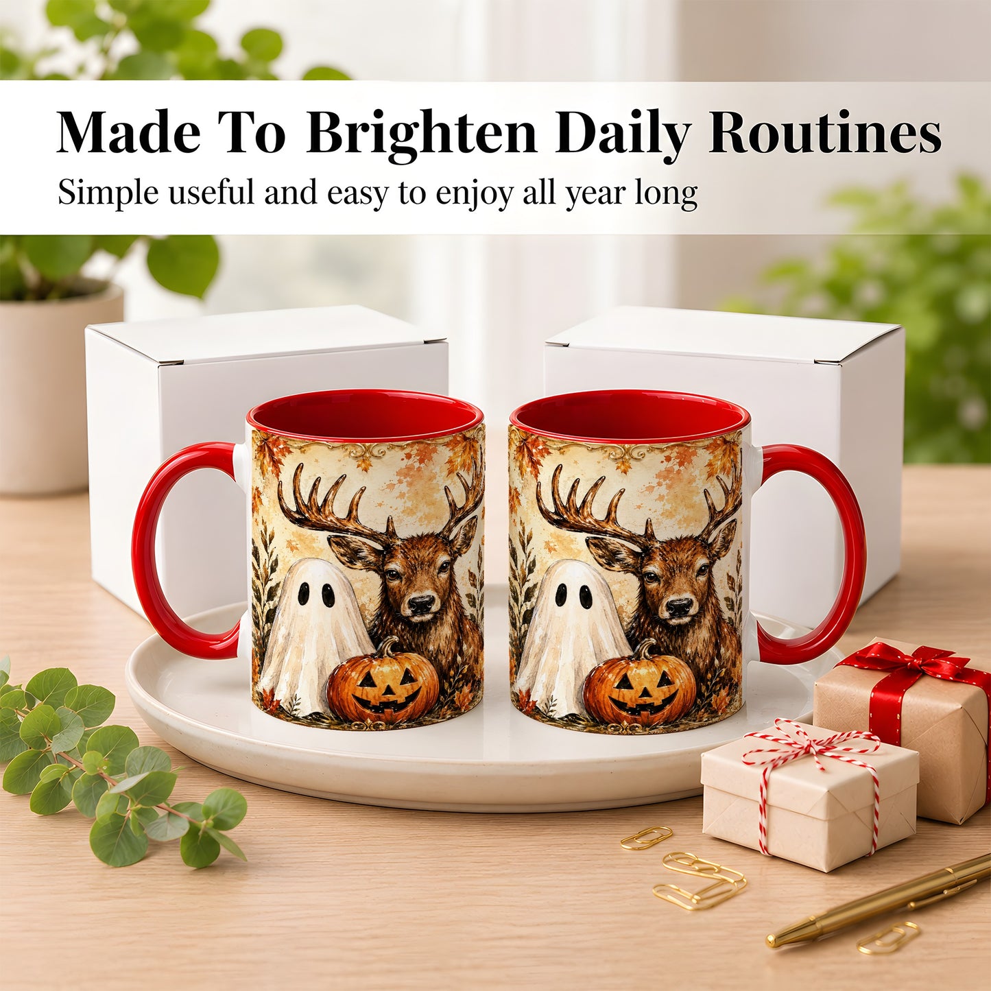 #pl[11oz|Red] Autumn Deer Coffee Mug, Ghost Pumpkin Mug, Ceramic Cup
