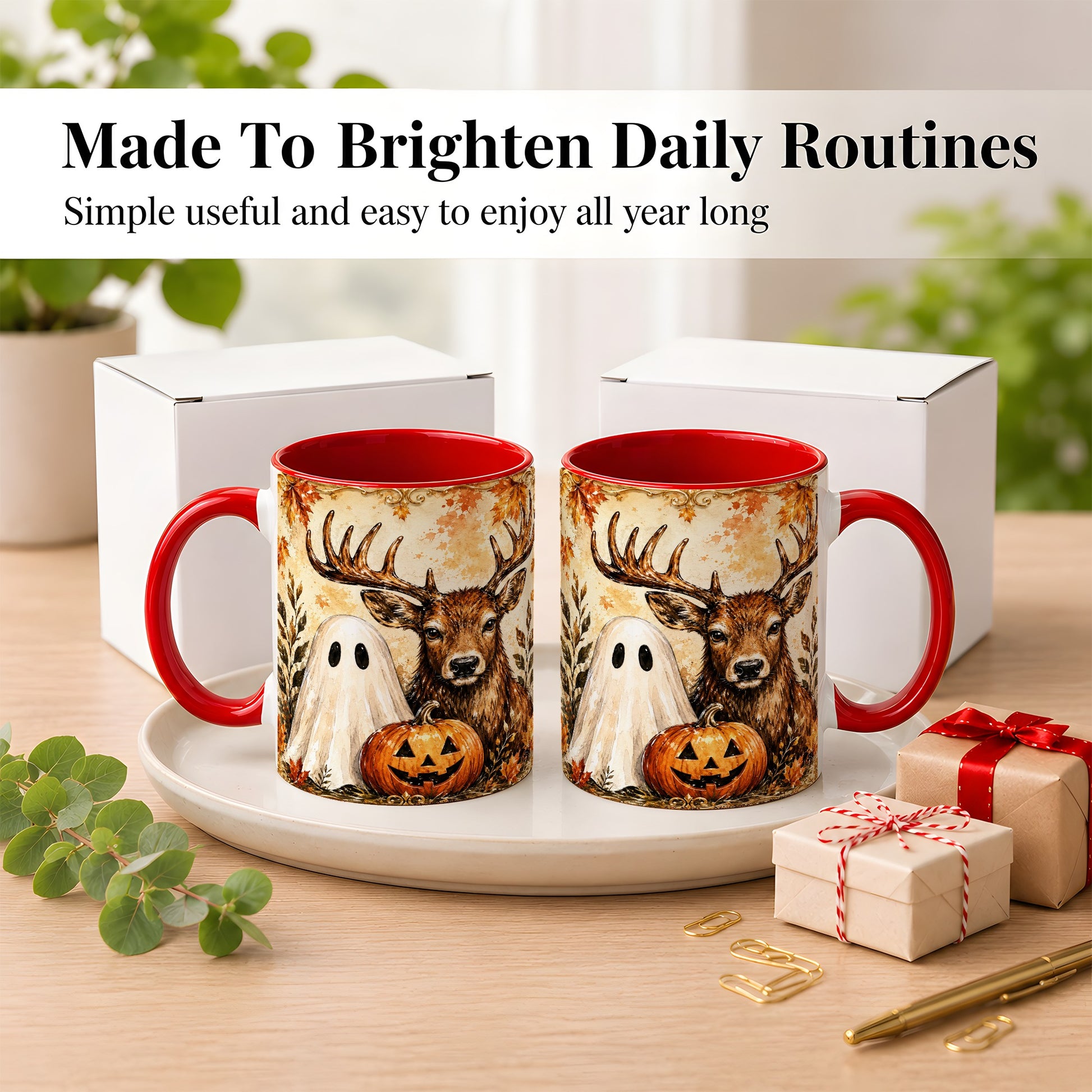 #pl[11oz|Red] Autumn Deer Coffee Mug, Ghost Pumpkin Mug, Ceramic Cup