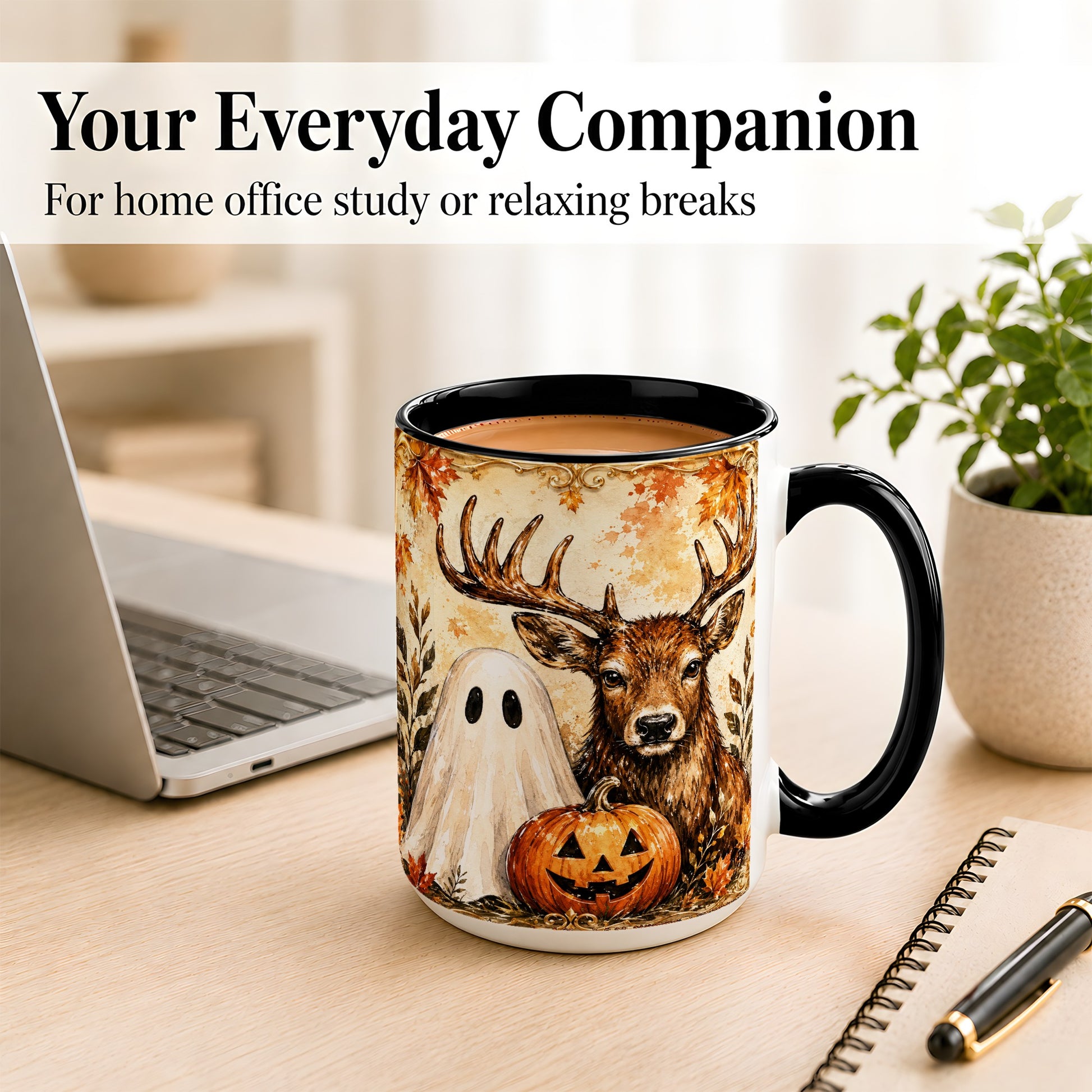 #pl[15oz|Black] Autumn Deer Coffee Mug, Ghost Pumpkin Mug, Ceramic Cup
