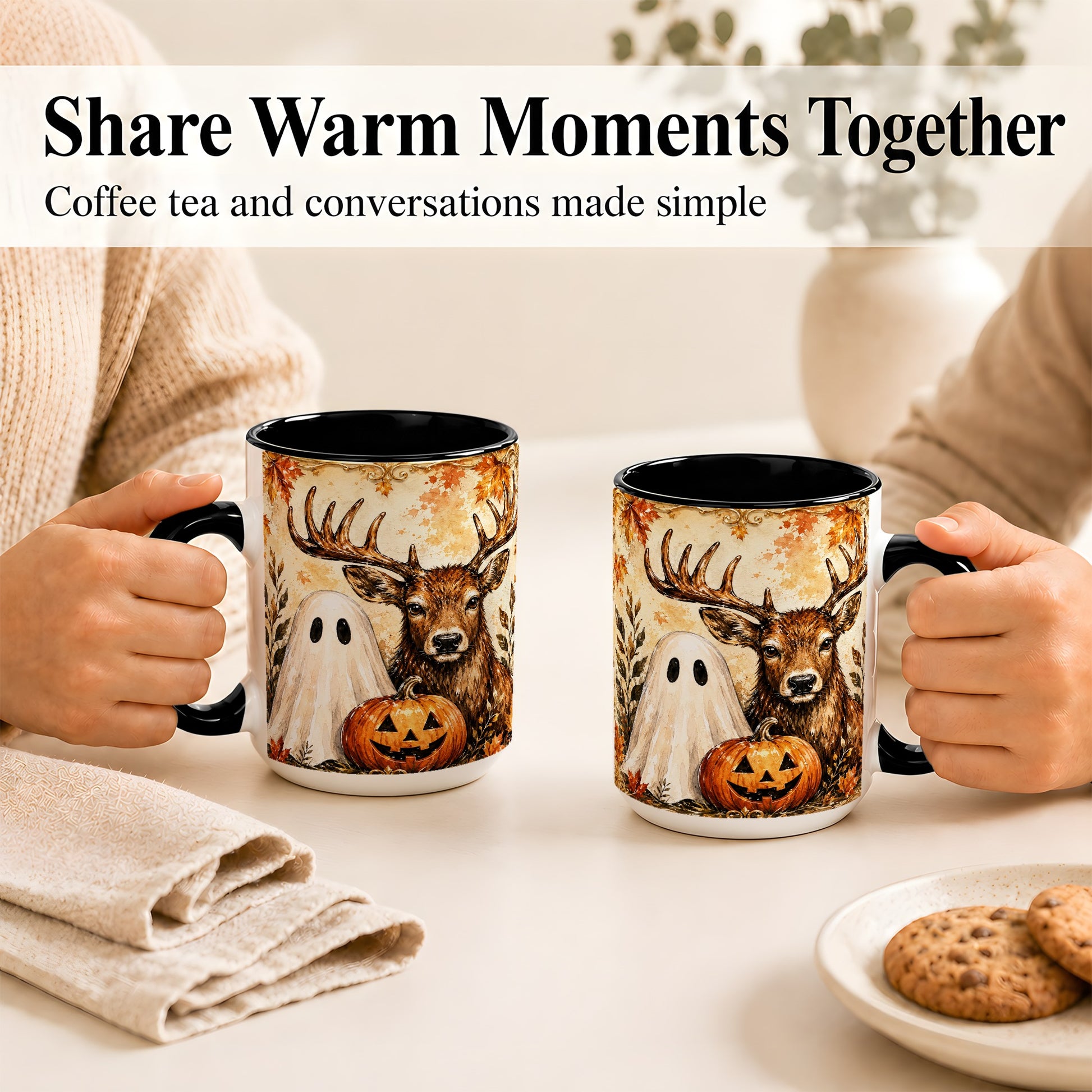 #pl[15oz|Black] Autumn Deer Coffee Mug, Ghost Pumpkin Mug, Ceramic Cup