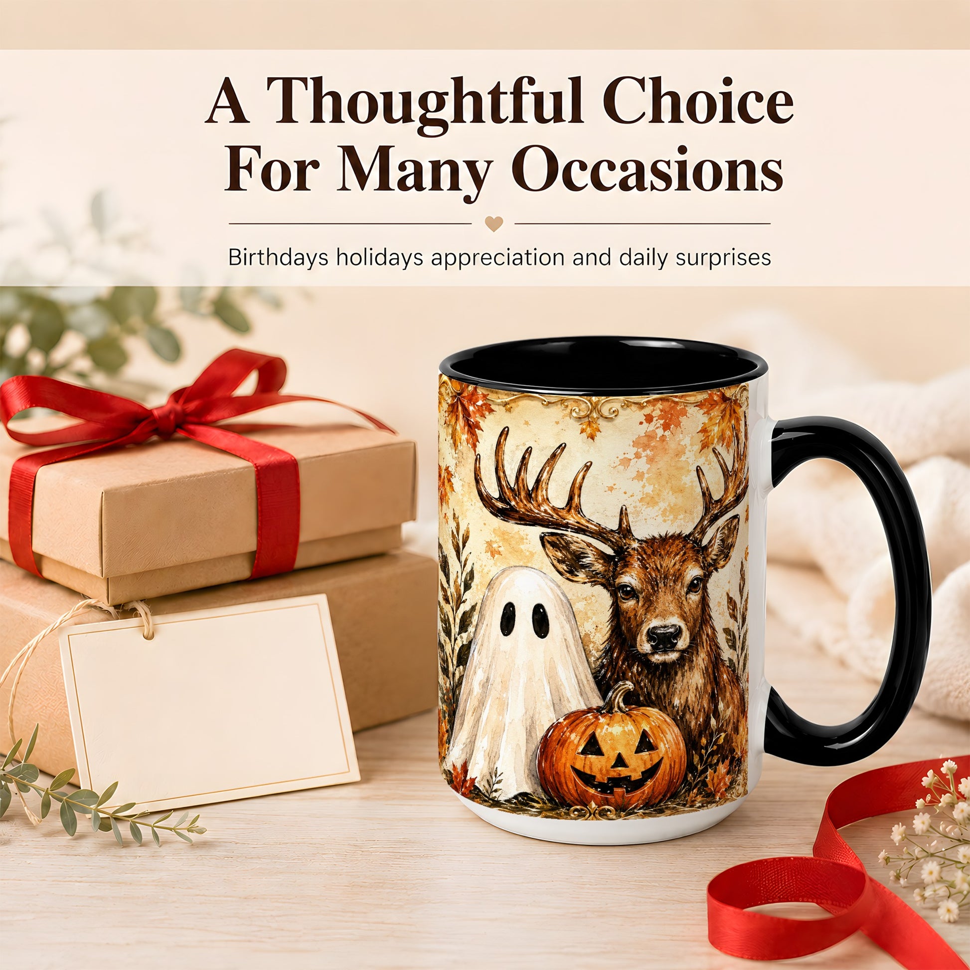 #pl[15oz|Black] Autumn Deer Coffee Mug, Ghost Pumpkin Mug, Ceramic Cup
