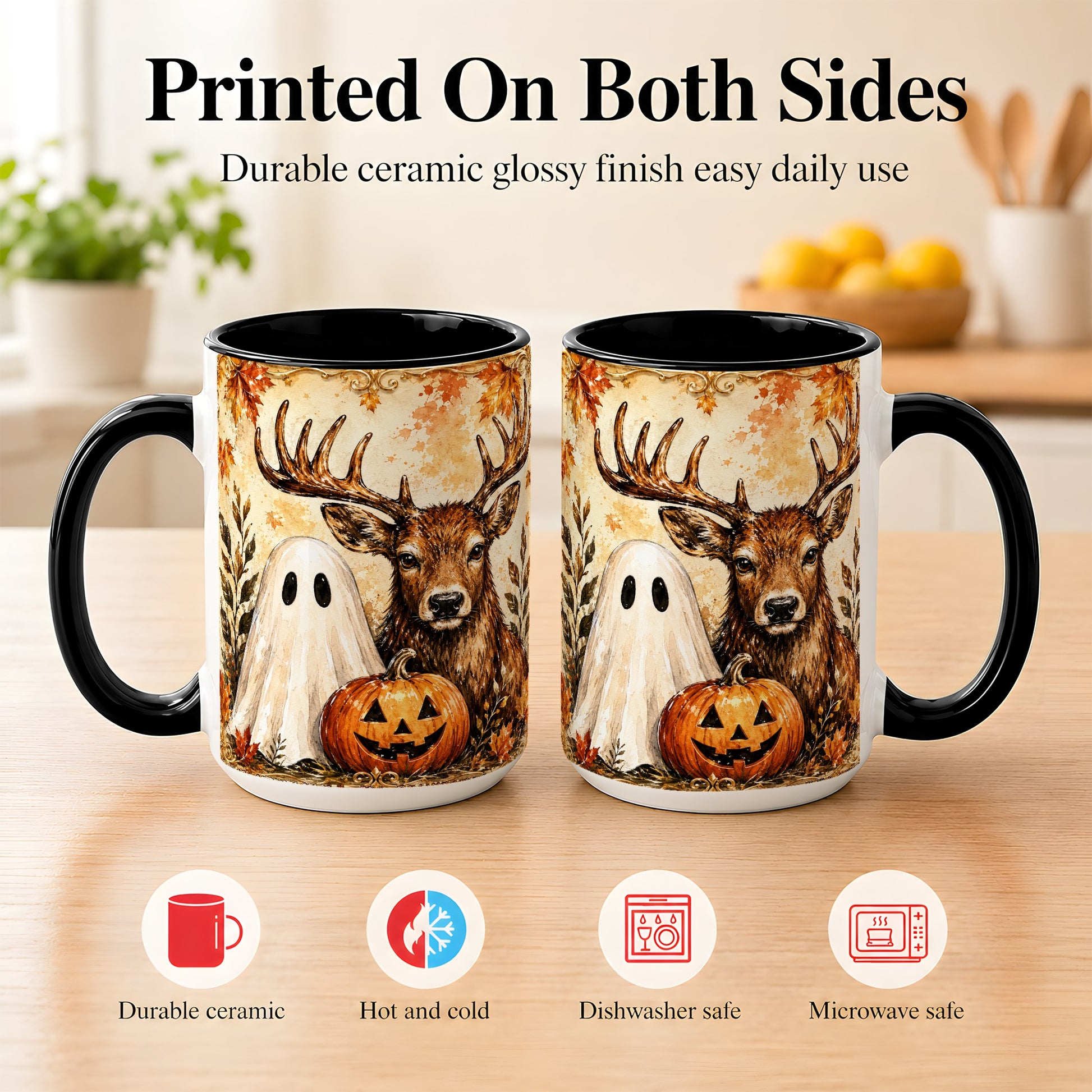 #pl[15oz|Black] Autumn Deer Coffee Mug, Ghost Pumpkin Mug, Ceramic Cup