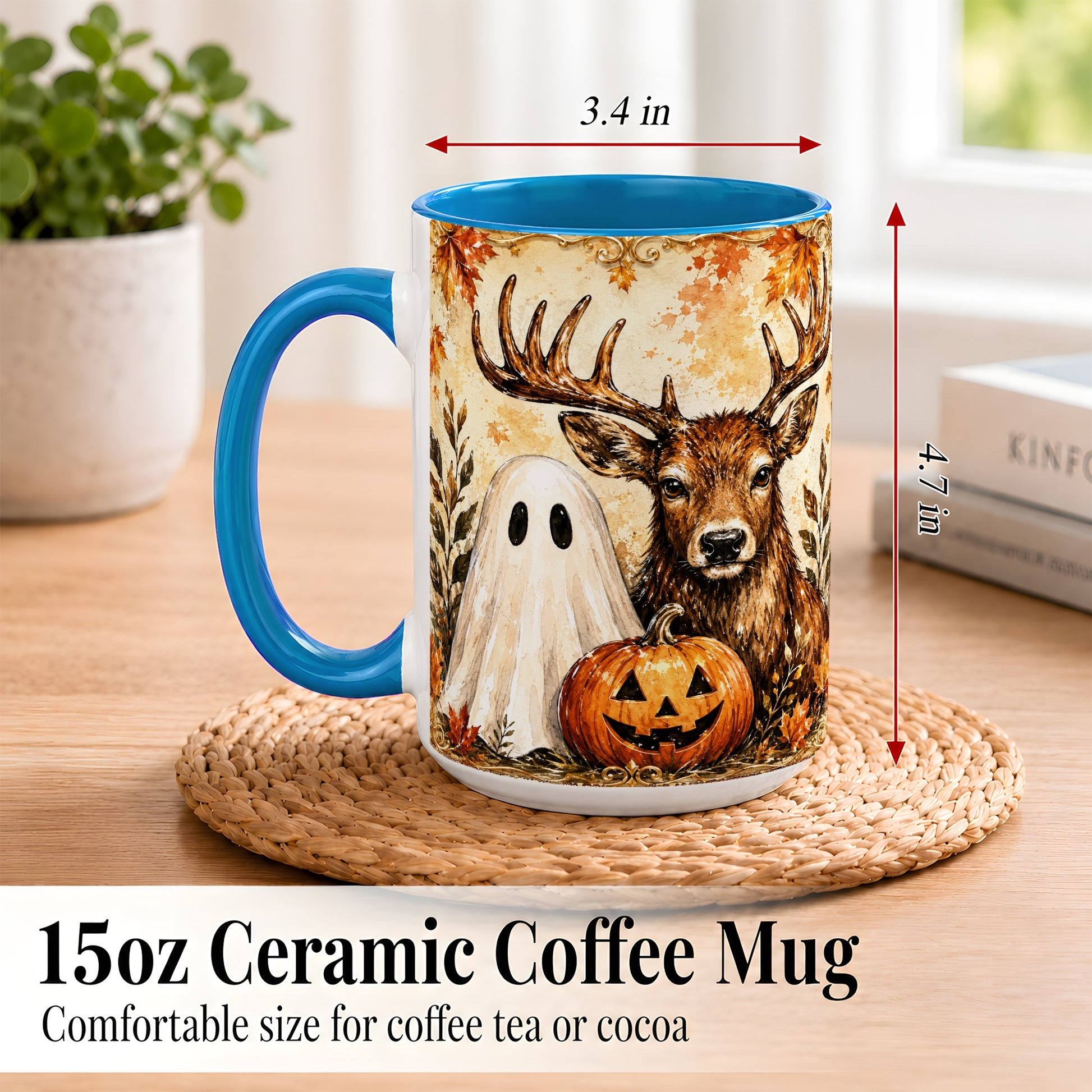 #pl[15oz|Blue] Autumn Deer Coffee Mug, Ghost Pumpkin Mug, Ceramic Cup