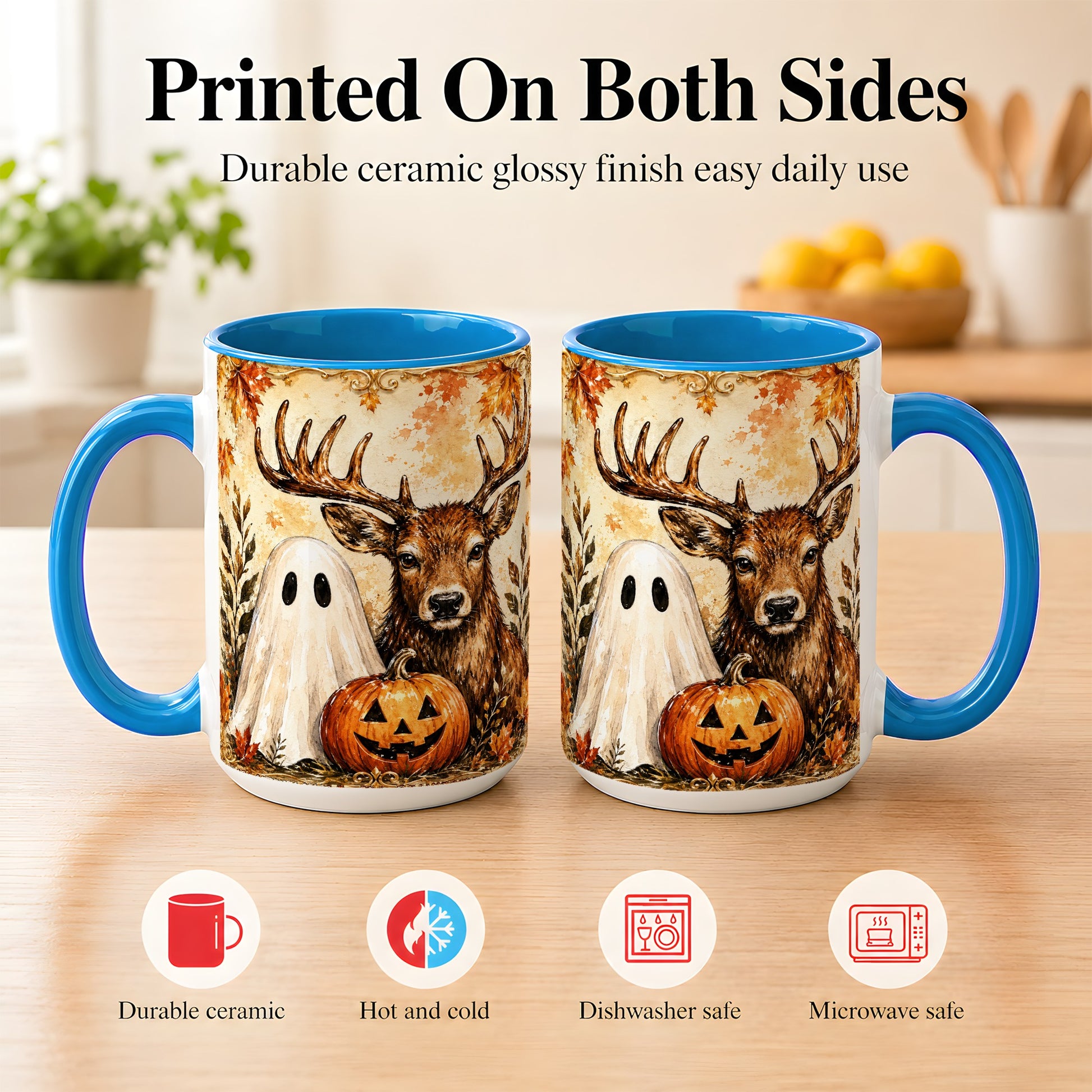 #pl[15oz|Blue] Autumn Deer Coffee Mug, Ghost Pumpkin Mug, Ceramic Cup