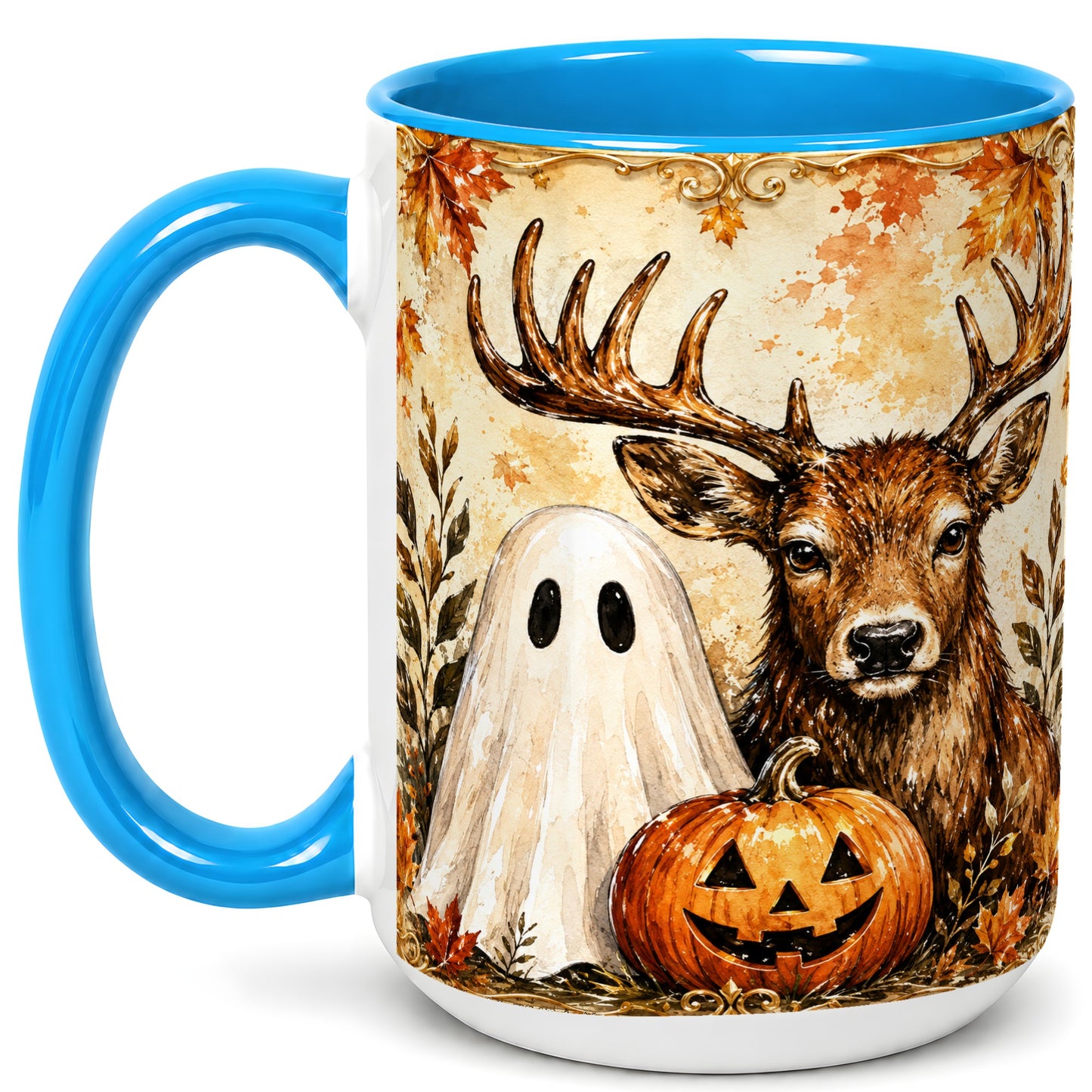 #pl[15oz|Blue] Autumn Deer Coffee Mug, Ghost Pumpkin Mug, Ceramic Cup