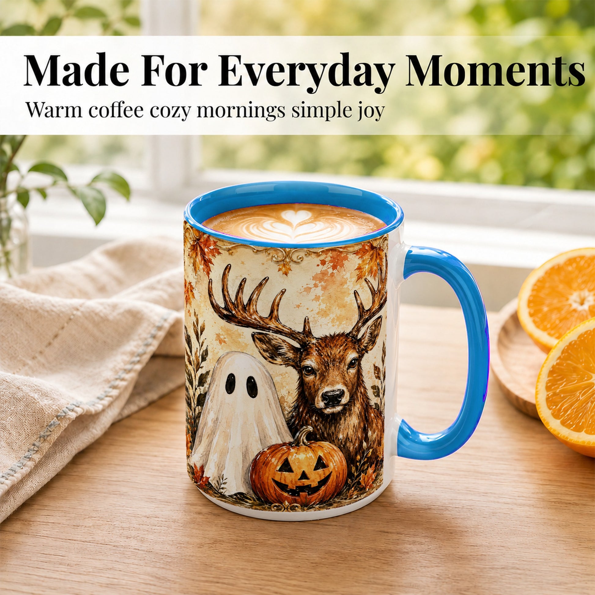 #pl[15oz|Blue] Autumn Deer Coffee Mug, Ghost Pumpkin Mug, Ceramic Cup