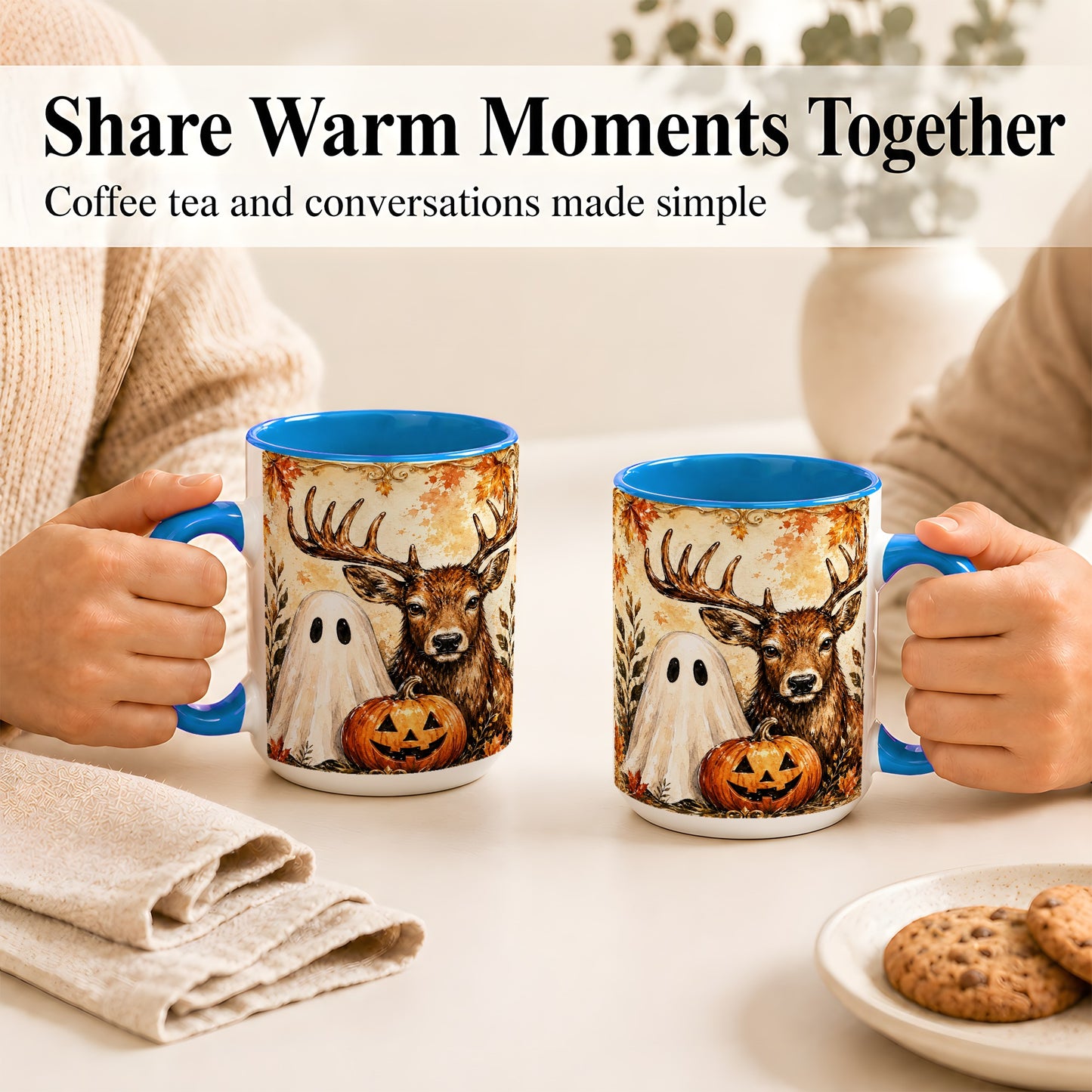 #pl[15oz|Blue] Autumn Deer Coffee Mug, Ghost Pumpkin Mug, Ceramic Cup