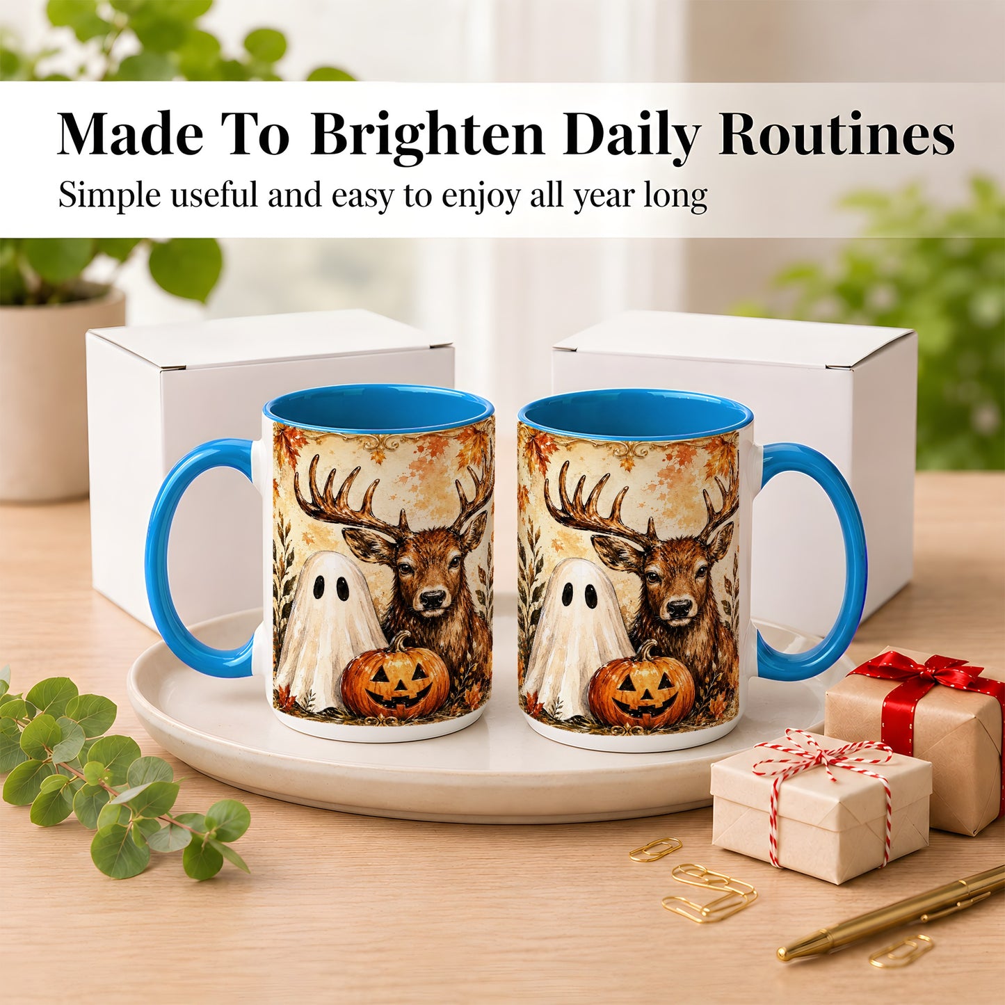 #pl[15oz|Blue] Autumn Deer Coffee Mug, Ghost Pumpkin Mug, Ceramic Cup