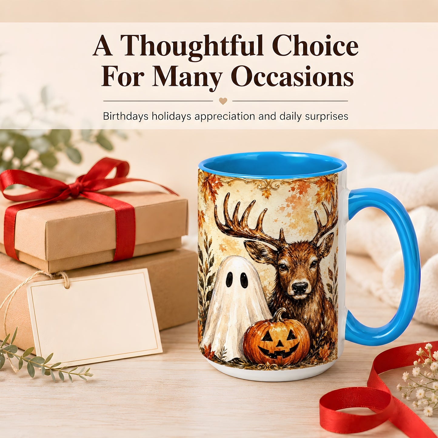 #pl[15oz|Blue] Autumn Deer Coffee Mug, Ghost Pumpkin Mug, Ceramic Cup