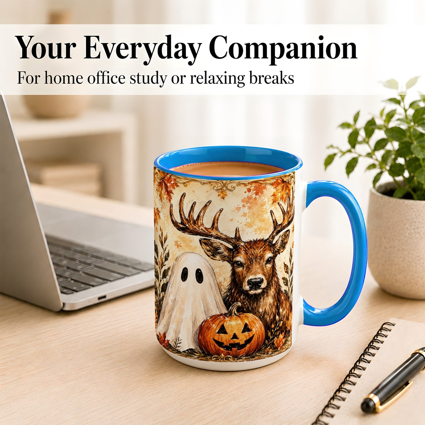 #pl[15oz|Blue] Autumn Deer Coffee Mug, Ghost Pumpkin Mug, Ceramic Cup