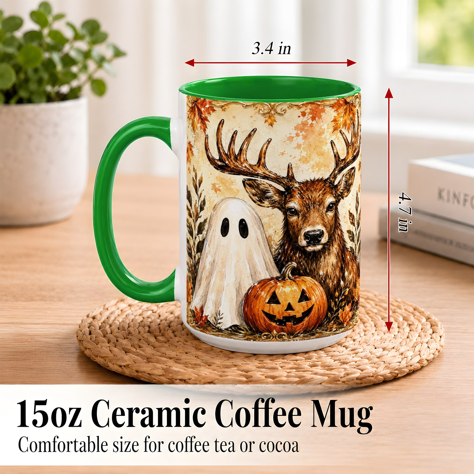 #pl[15oz|Green] Autumn Deer Coffee Mug, Ghost Pumpkin Mug, Ceramic Cup