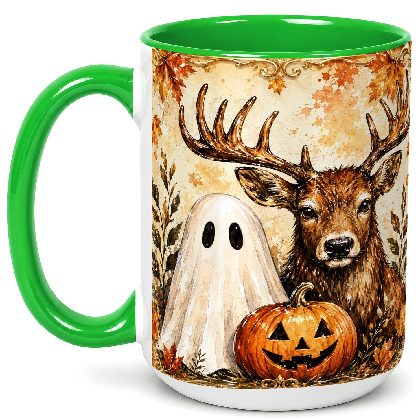 #pl[15oz|Green] Autumn Deer Coffee Mug, Ghost Pumpkin Mug, Ceramic Cup