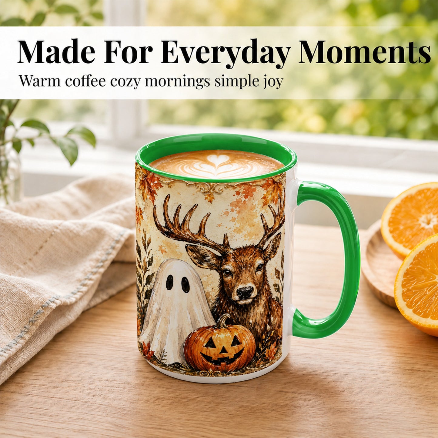#pl[15oz|Green] Autumn Deer Coffee Mug, Ghost Pumpkin Mug, Ceramic Cup