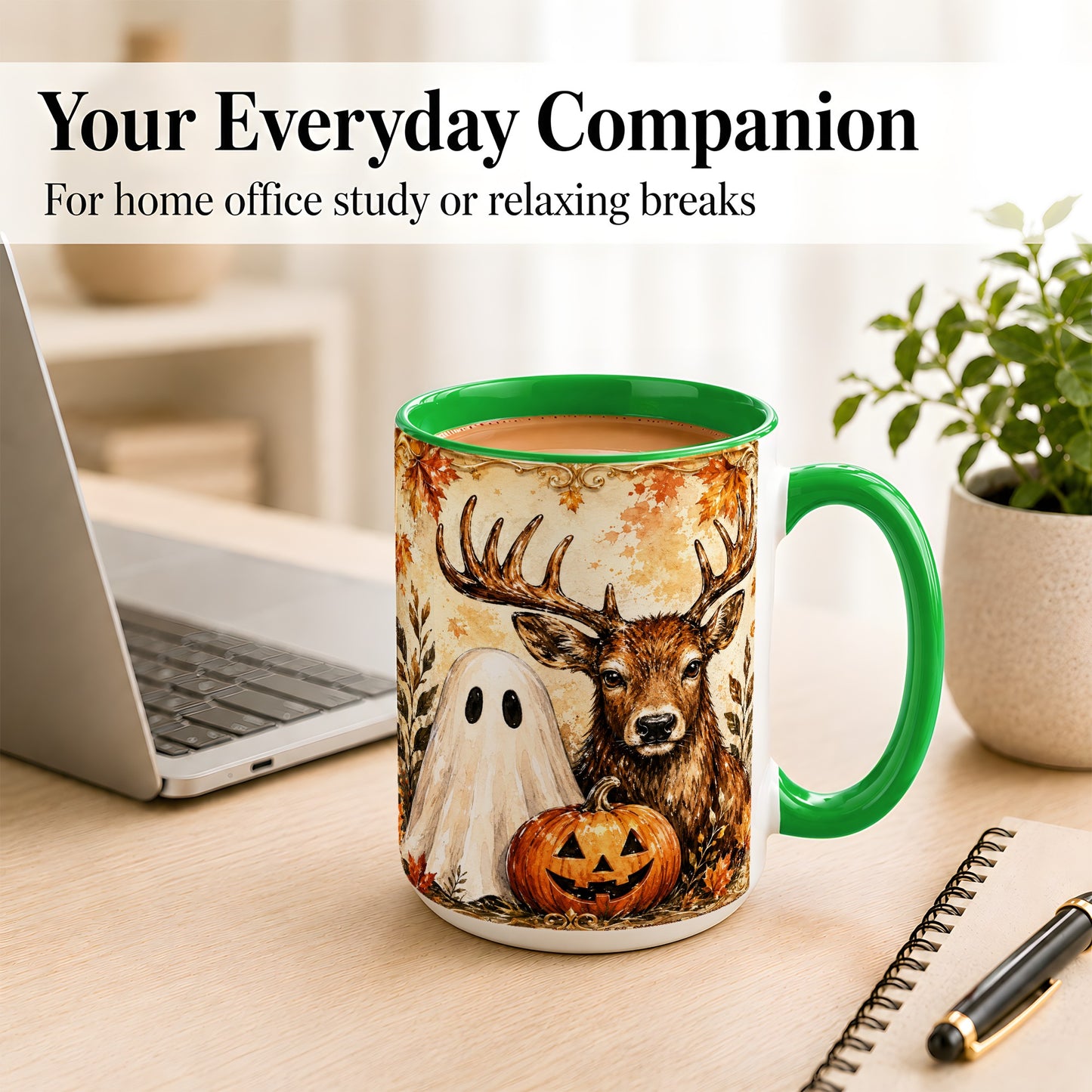 #pl[15oz|Green] Autumn Deer Coffee Mug, Ghost Pumpkin Mug, Ceramic Cup