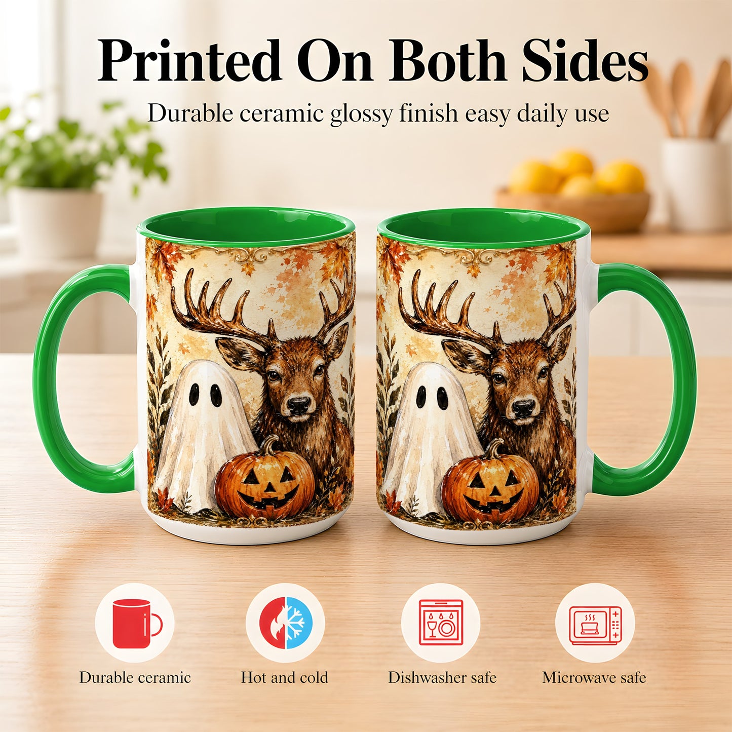 #pl[15oz|Green] Autumn Deer Coffee Mug, Ghost Pumpkin Mug, Ceramic Cup