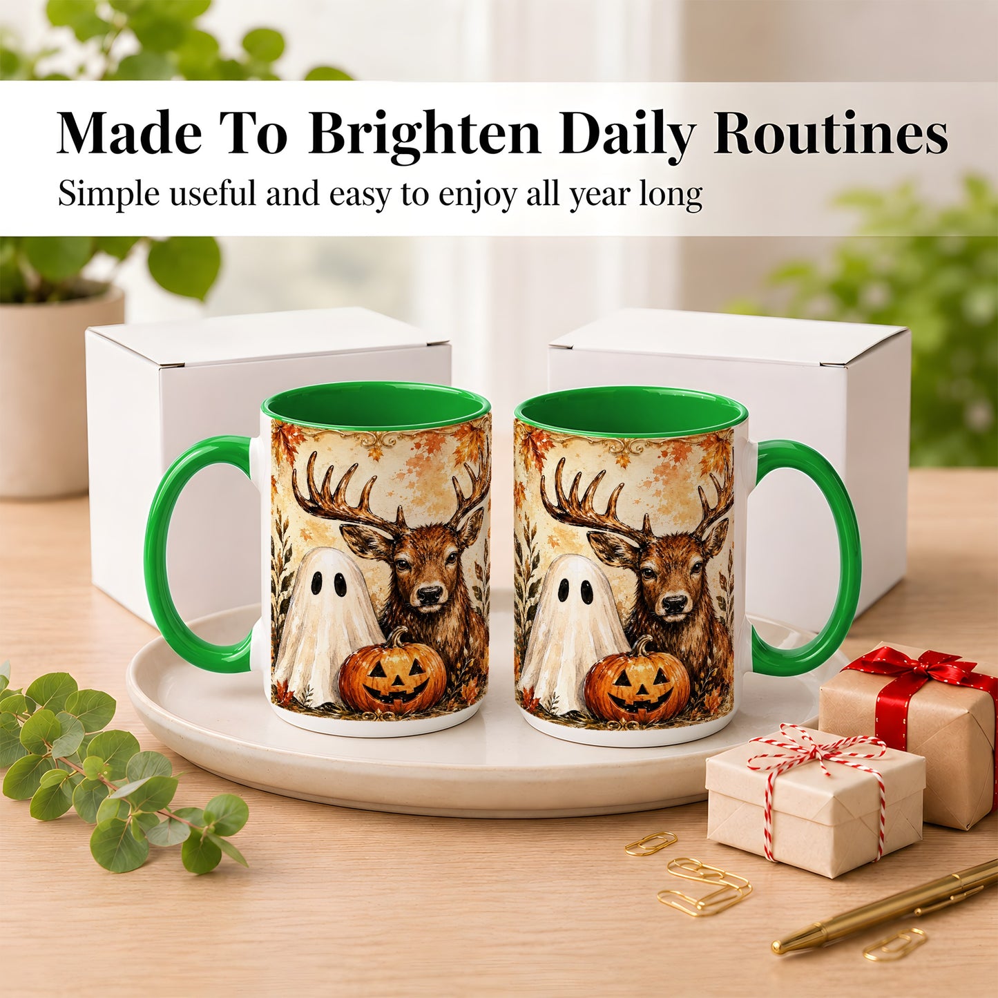 #pl[15oz|Green] Autumn Deer Coffee Mug, Ghost Pumpkin Mug, Ceramic Cup