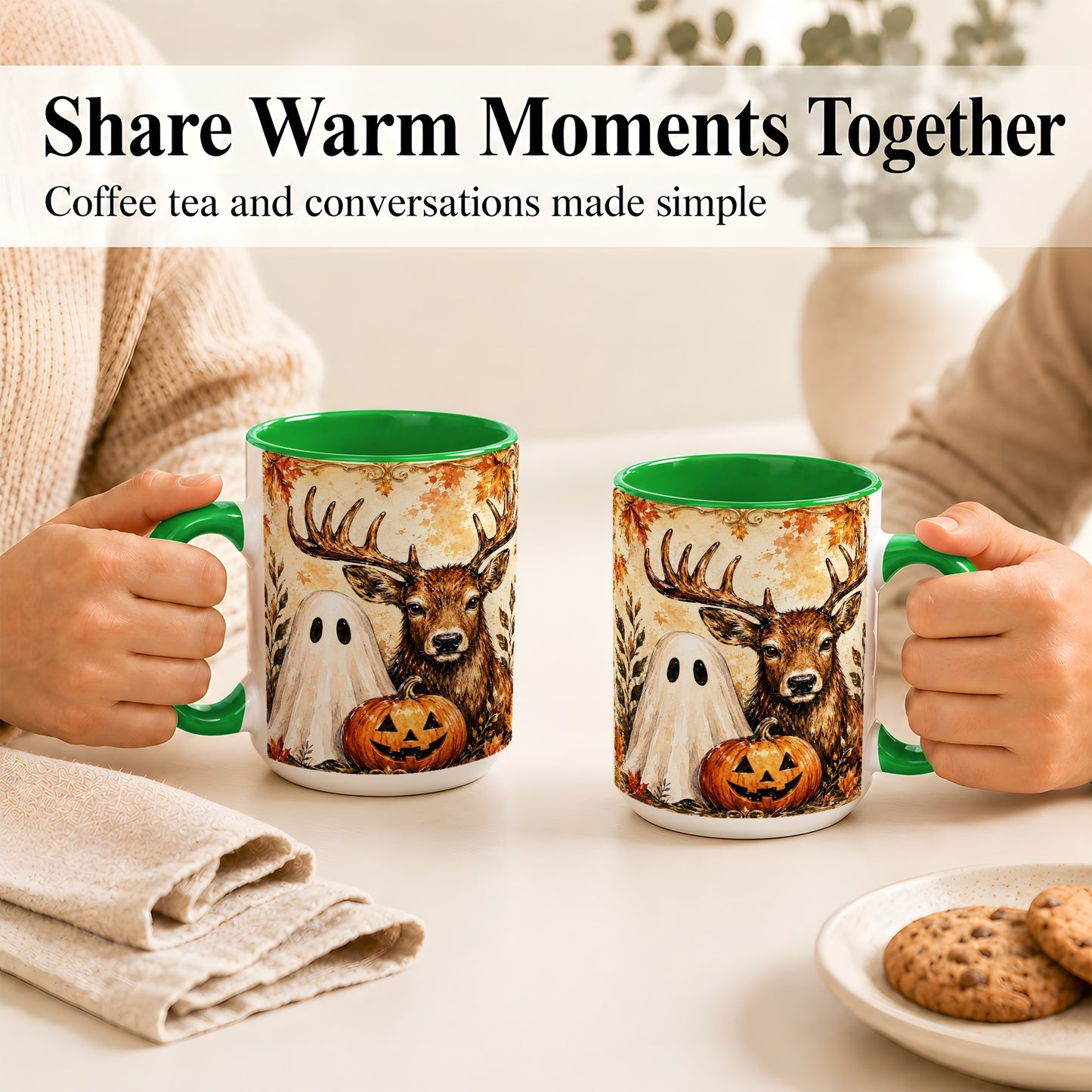 #pl[15oz|Green] Autumn Deer Coffee Mug, Ghost Pumpkin Mug, Ceramic Cup