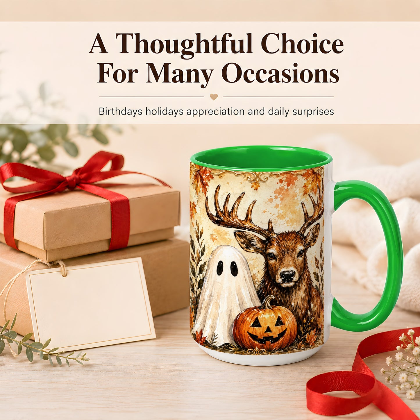 #pl[15oz|Green] Autumn Deer Coffee Mug, Ghost Pumpkin Mug, Ceramic Cup
