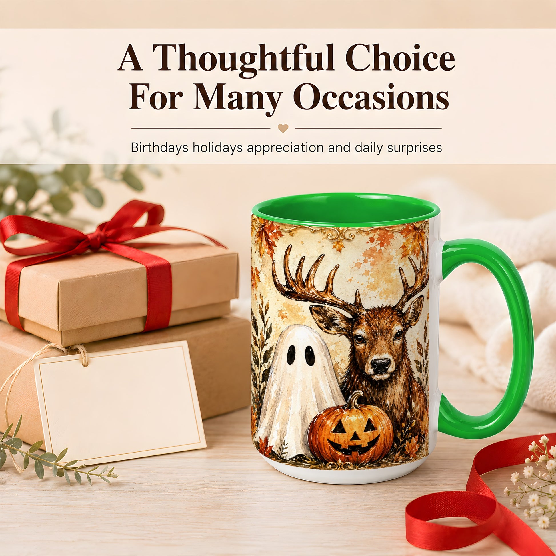 #pl[15oz|Green] Autumn Deer Coffee Mug, Ghost Pumpkin Mug, Ceramic Cup