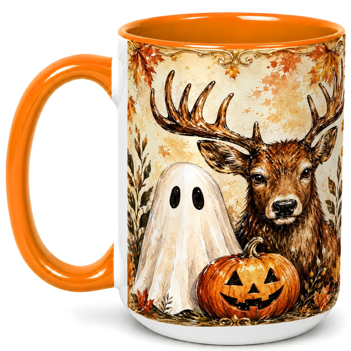 #pl[15oz|Orange] Autumn Deer Coffee Mug, Ghost Pumpkin Mug, Ceramic Cup
