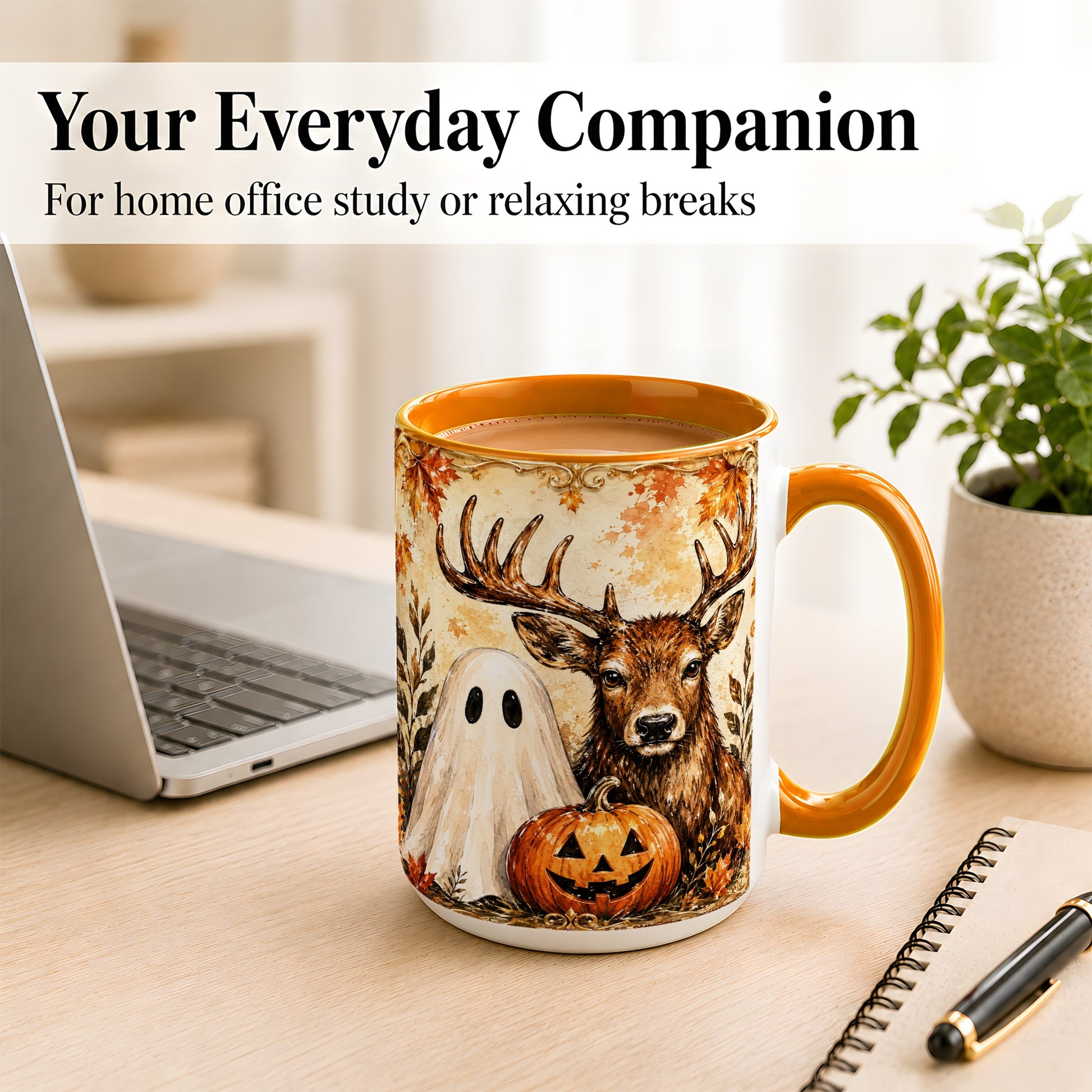 #pl[15oz|Orange] Autumn Deer Coffee Mug, Ghost Pumpkin Mug, Ceramic Cup