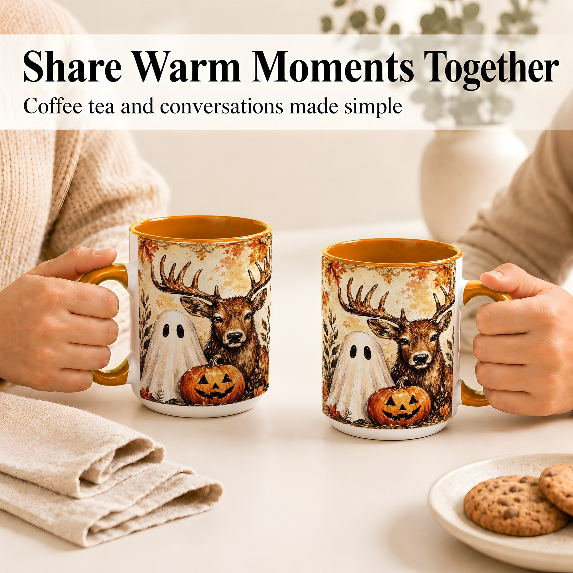 #pl[15oz|Orange] Autumn Deer Coffee Mug, Ghost Pumpkin Mug, Ceramic Cup