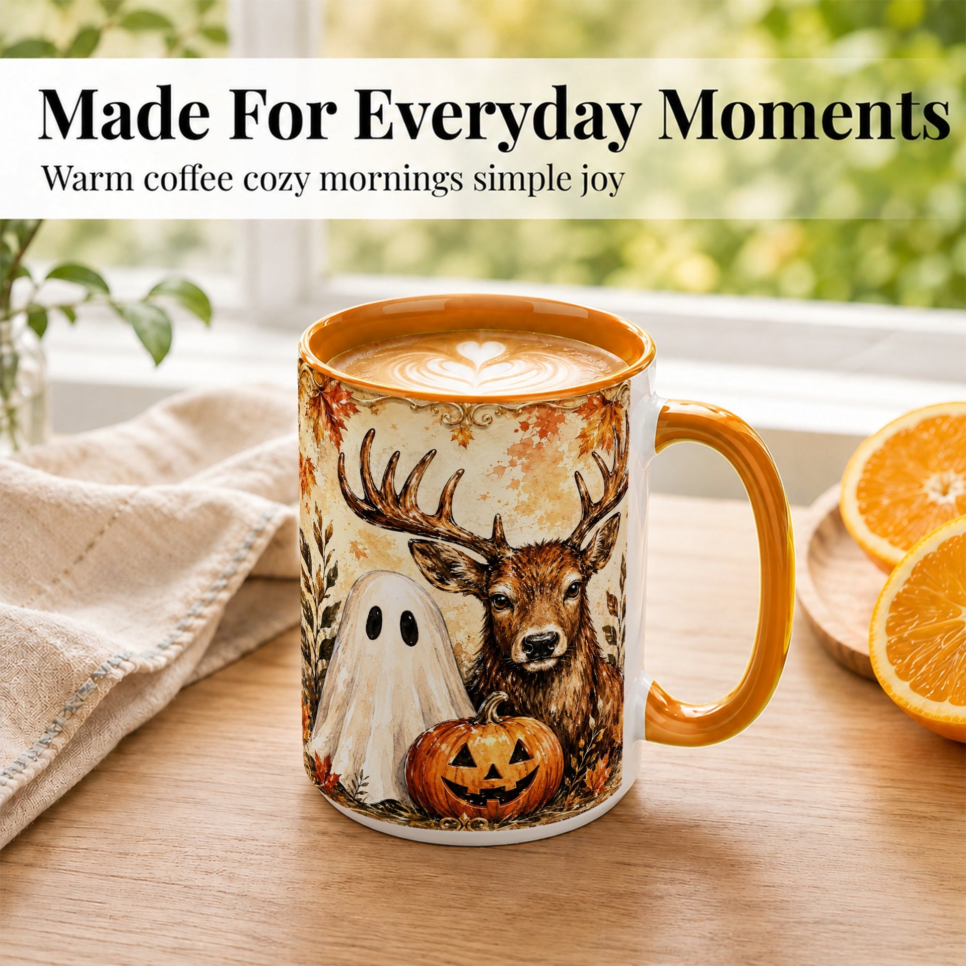 #pl[15oz|Orange] Autumn Deer Coffee Mug, Ghost Pumpkin Mug, Ceramic Cup