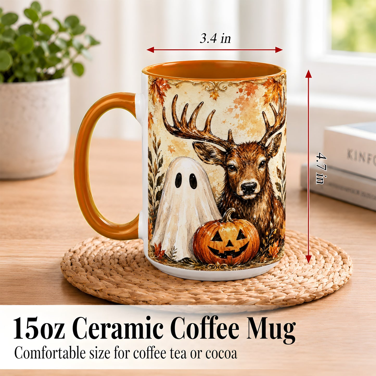 #pl[15oz|Orange] Autumn Deer Coffee Mug, Ghost Pumpkin Mug, Ceramic Cup