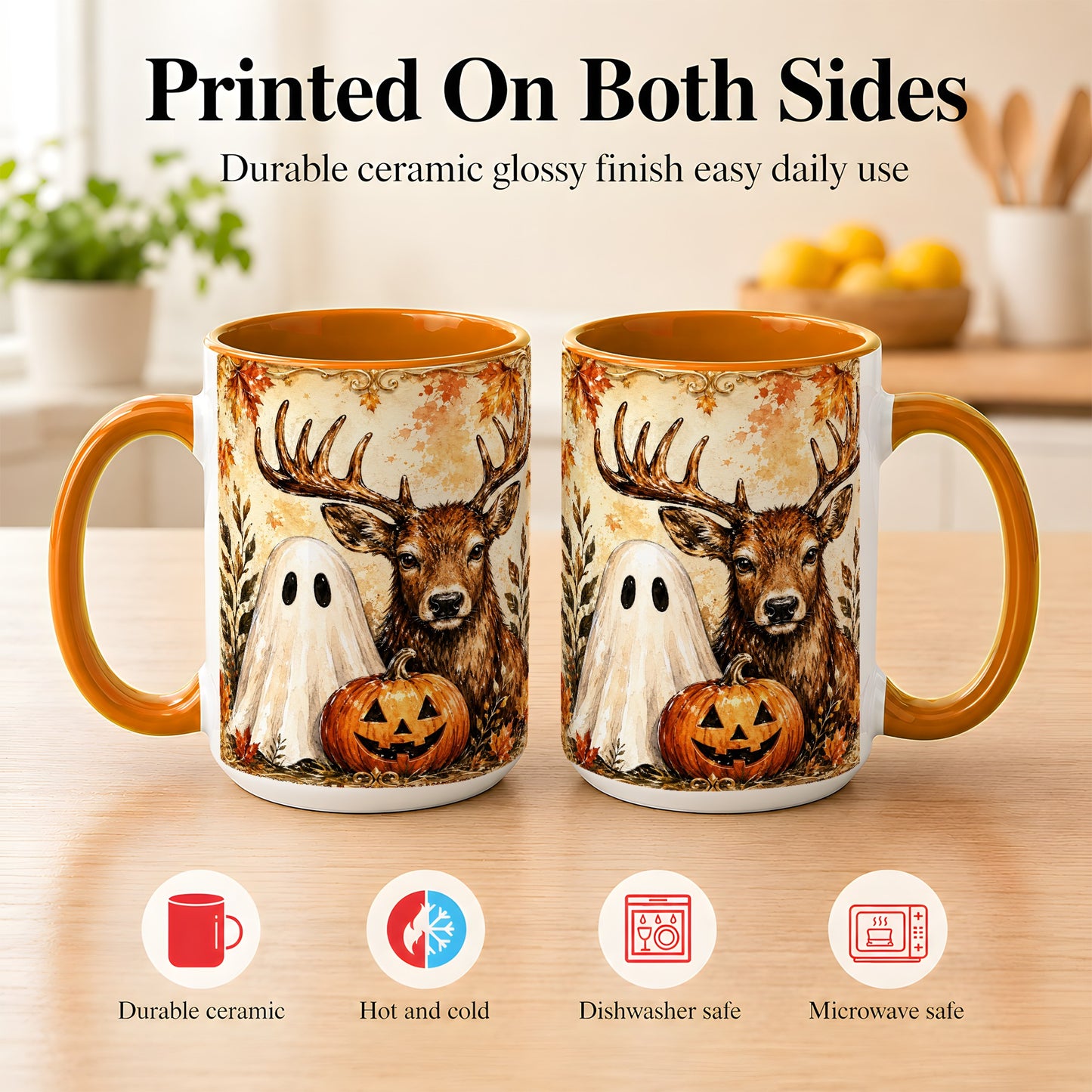 #pl[15oz|Orange] Autumn Deer Coffee Mug, Ghost Pumpkin Mug, Ceramic Cup