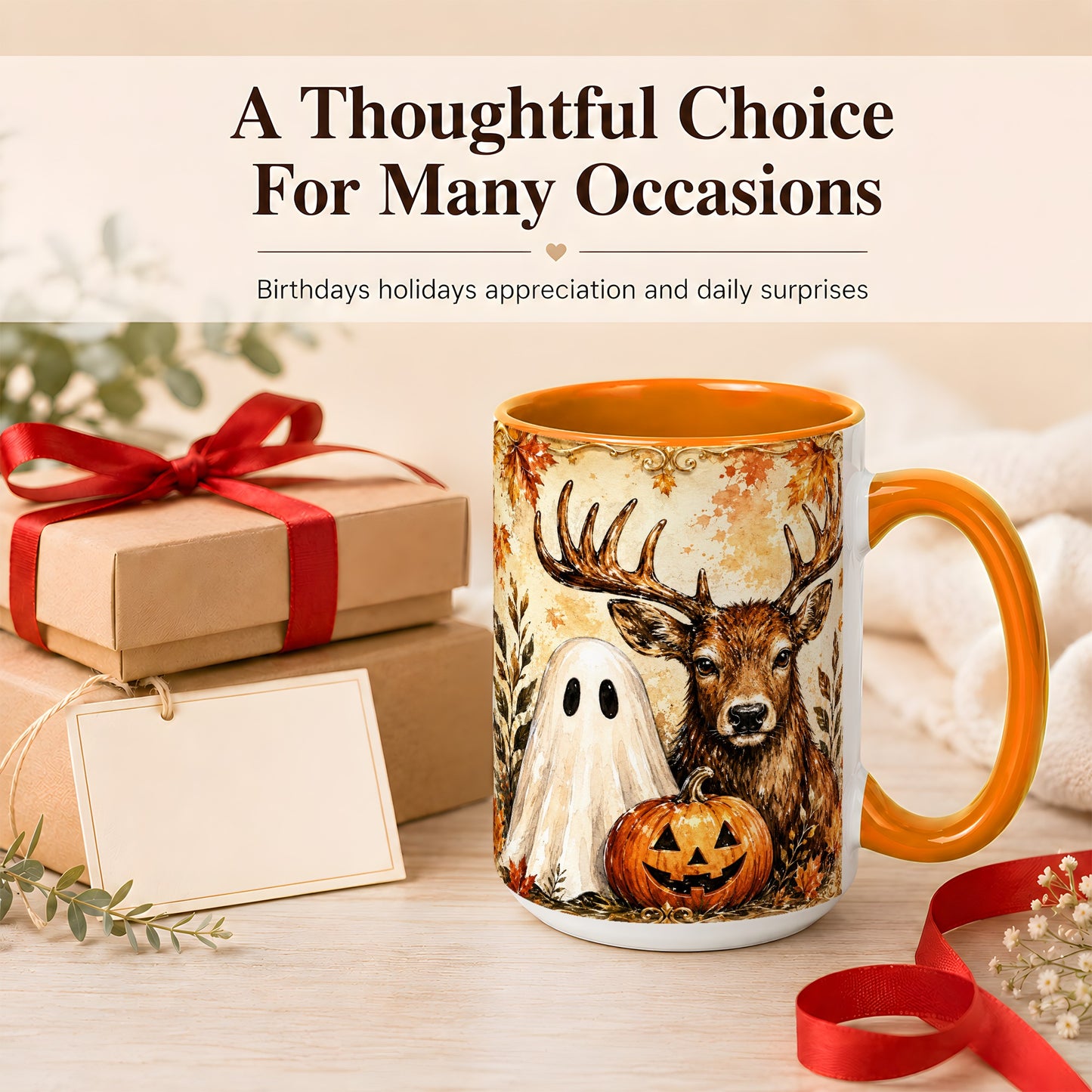 #pl[15oz|Orange] Autumn Deer Coffee Mug, Ghost Pumpkin Mug, Ceramic Cup
