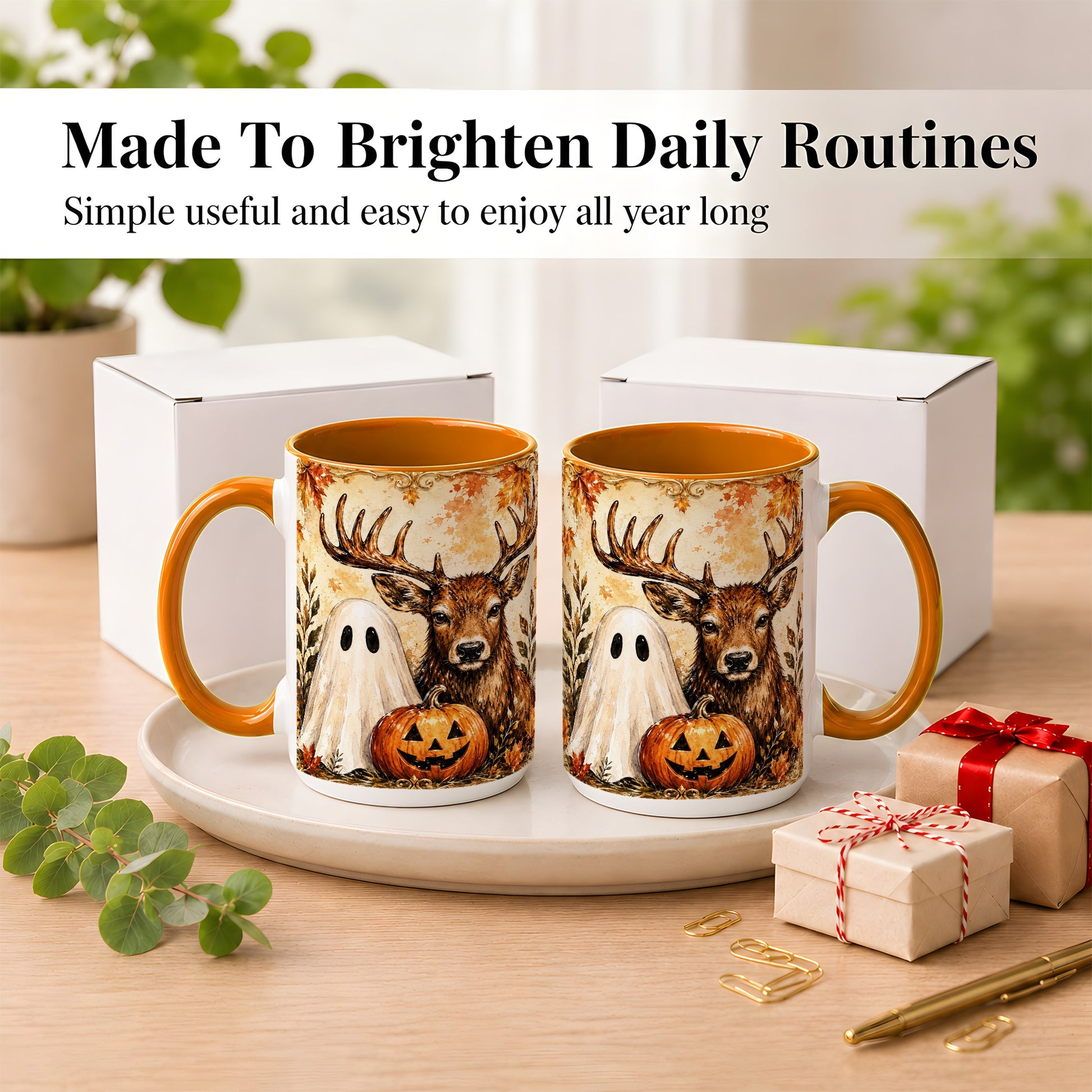 #pl[15oz|Orange] Autumn Deer Coffee Mug, Ghost Pumpkin Mug, Ceramic Cup