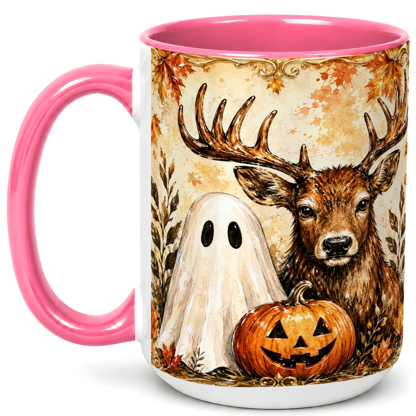#pl[15oz|Pink] Autumn Deer Coffee Mug, Ghost Pumpkin Mug, Ceramic Cup