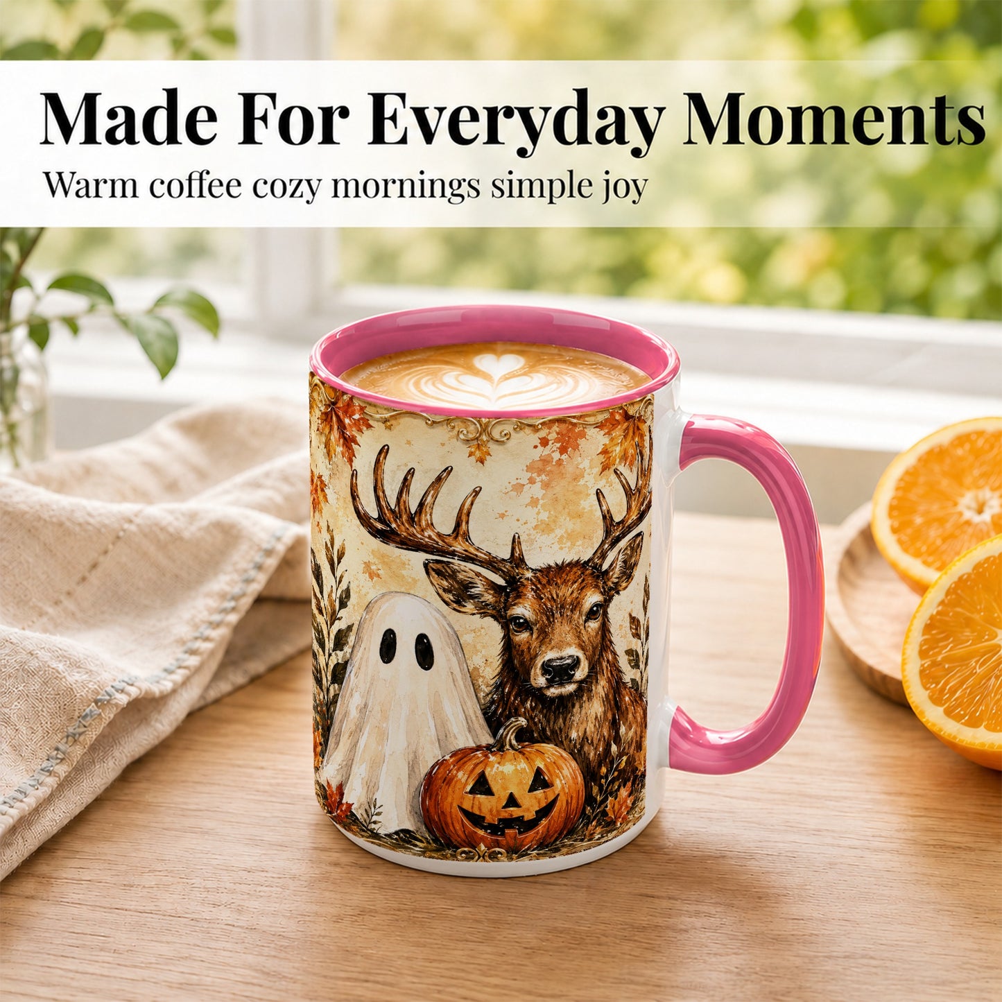 #pl[15oz|Pink] Autumn Deer Coffee Mug, Ghost Pumpkin Mug, Ceramic Cup
