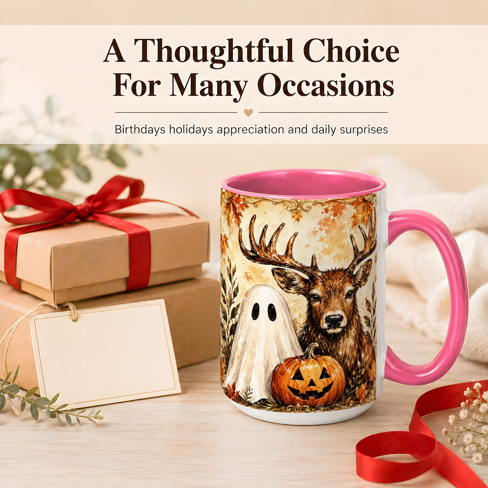 #pl[15oz|Pink] Autumn Deer Coffee Mug, Ghost Pumpkin Mug, Ceramic Cup