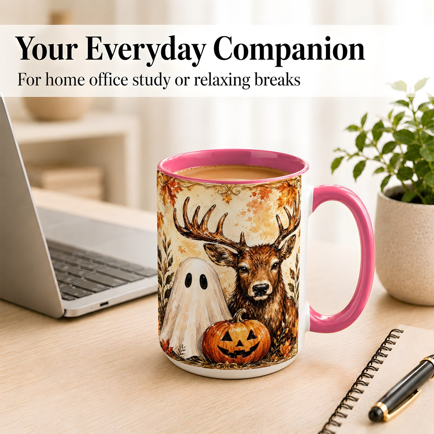 #pl[15oz|Pink] Autumn Deer Coffee Mug, Ghost Pumpkin Mug, Ceramic Cup
