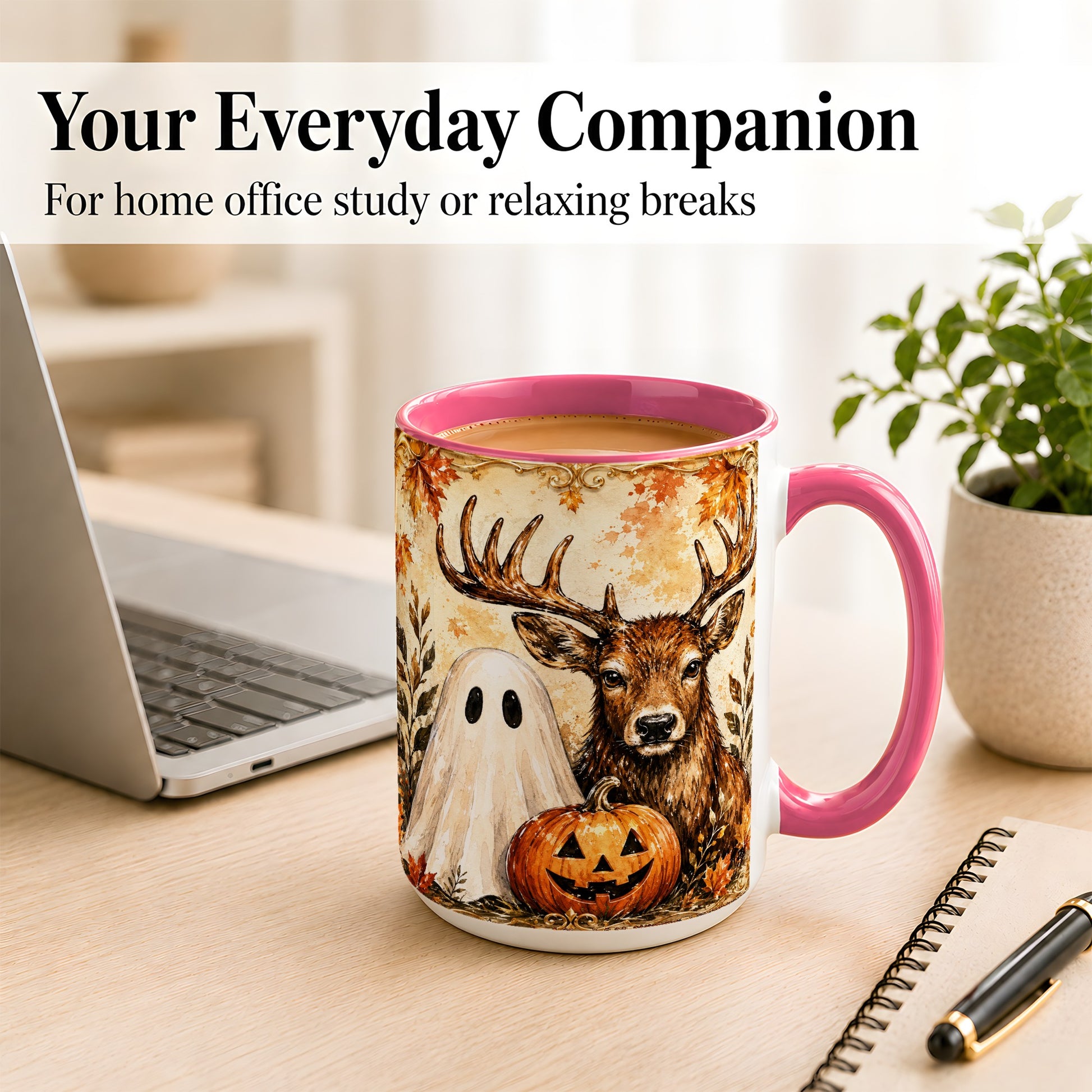 #pl[15oz|Pink] Autumn Deer Coffee Mug, Ghost Pumpkin Mug, Ceramic Cup