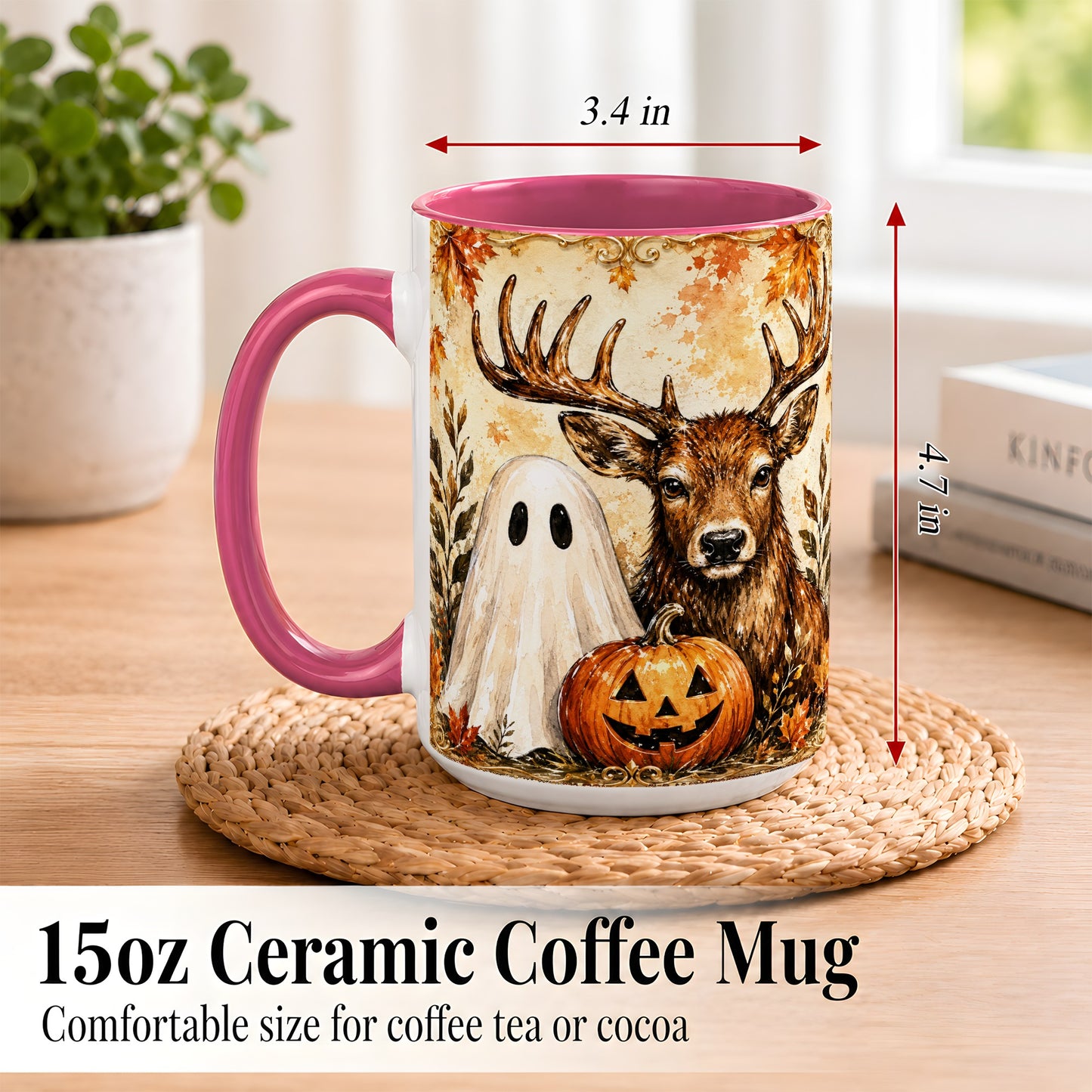 #pl[15oz|Pink] Autumn Deer Coffee Mug, Ghost Pumpkin Mug, Ceramic Cup