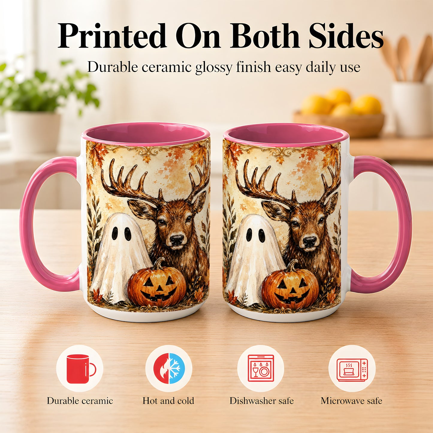 #pl[15oz|Pink] Autumn Deer Coffee Mug, Ghost Pumpkin Mug, Ceramic Cup