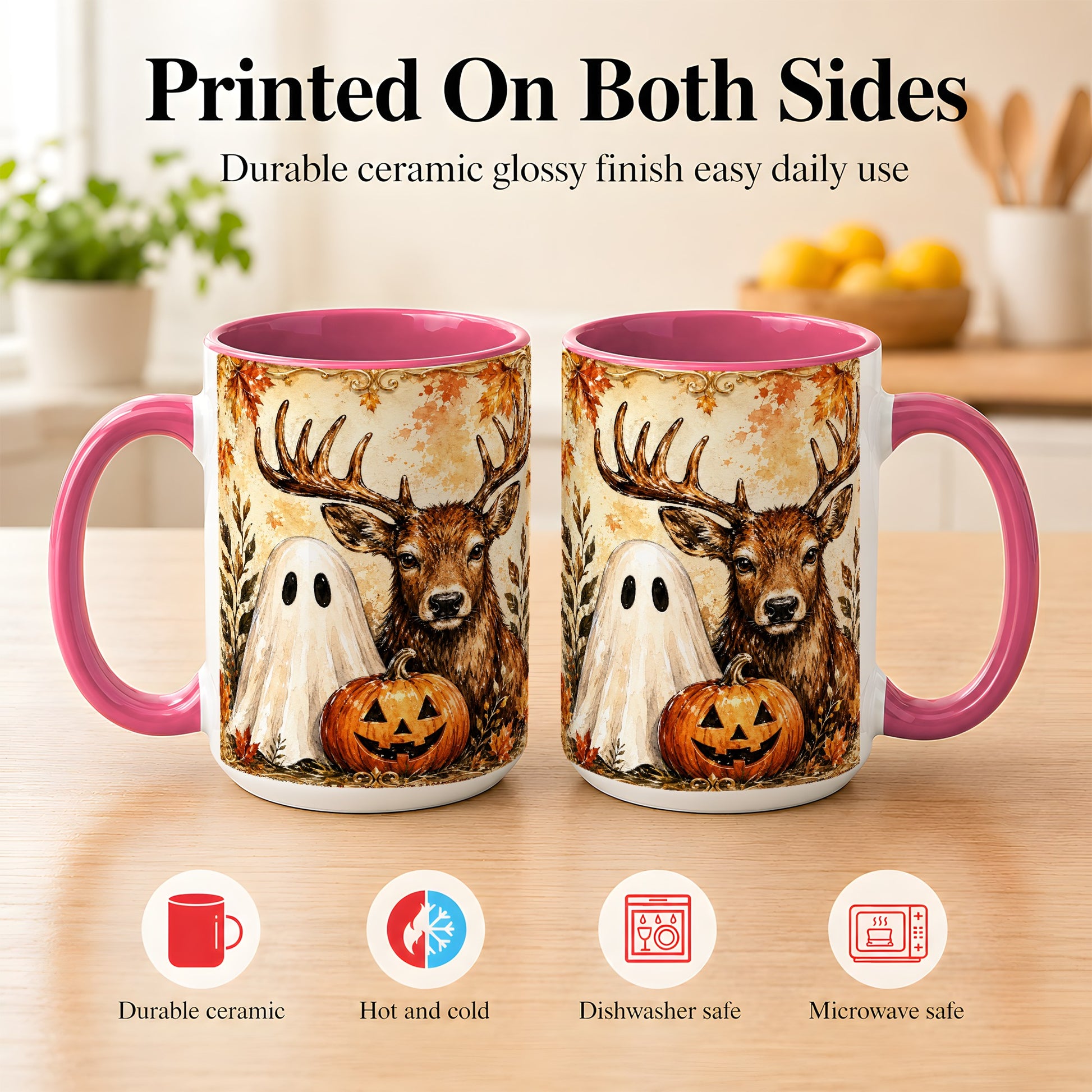 #pl[15oz|Pink] Autumn Deer Coffee Mug, Ghost Pumpkin Mug, Ceramic Cup