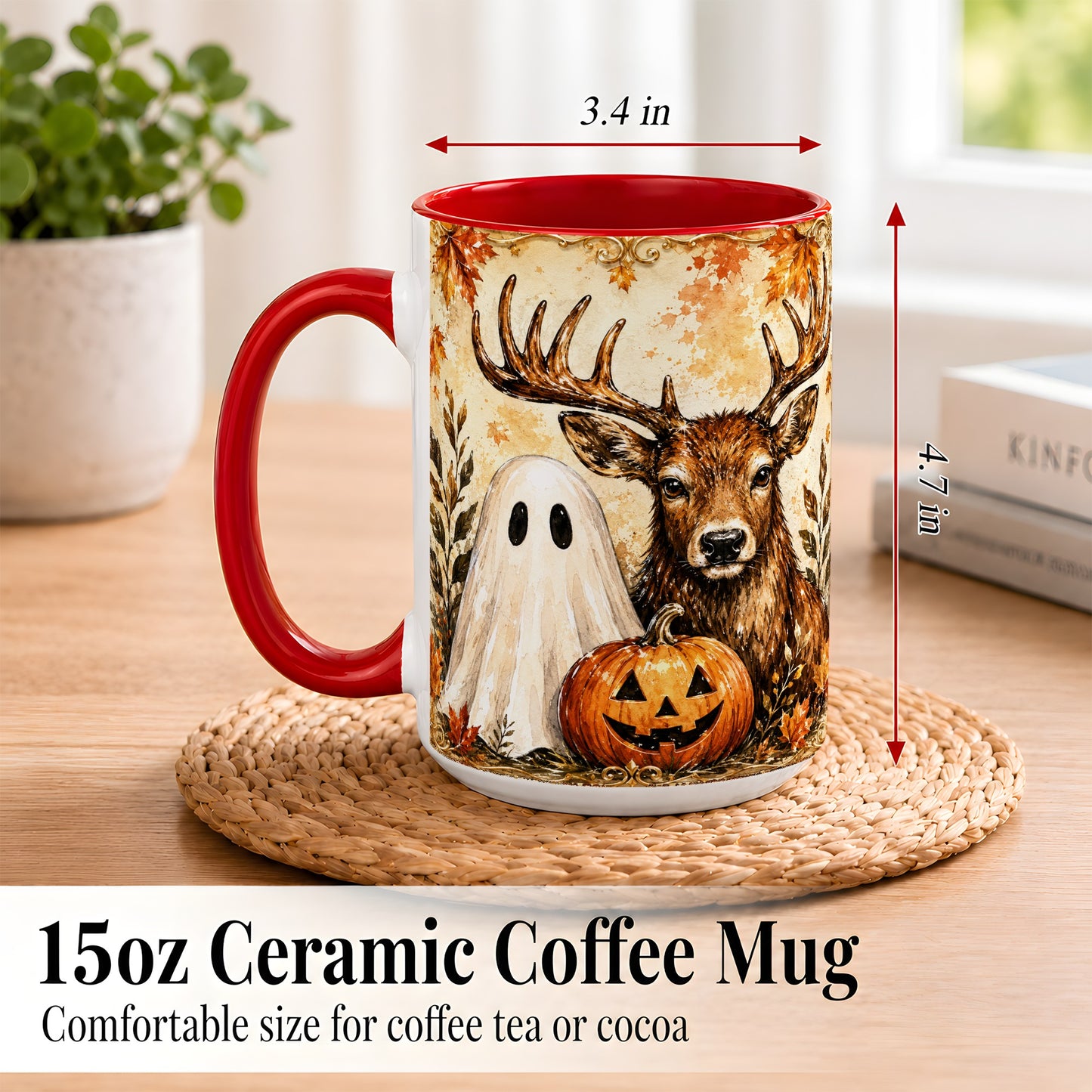 #pl[15oz|Red] Autumn Deer Coffee Mug, Ghost Pumpkin Mug, Ceramic Cup