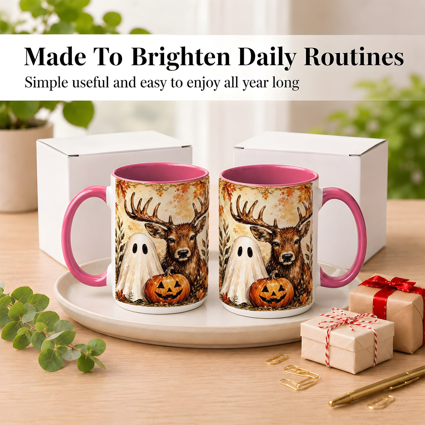 #pl[15oz|Pink] Autumn Deer Coffee Mug, Ghost Pumpkin Mug, Ceramic Cup