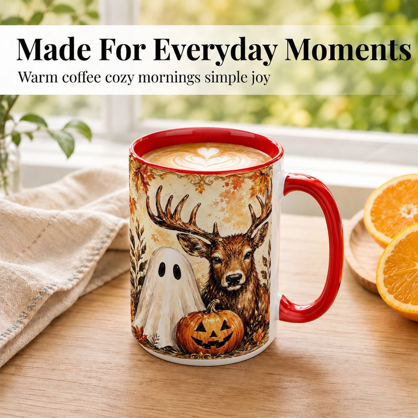 #pl[15oz|Red] Autumn Deer Coffee Mug, Ghost Pumpkin Mug, Ceramic Cup