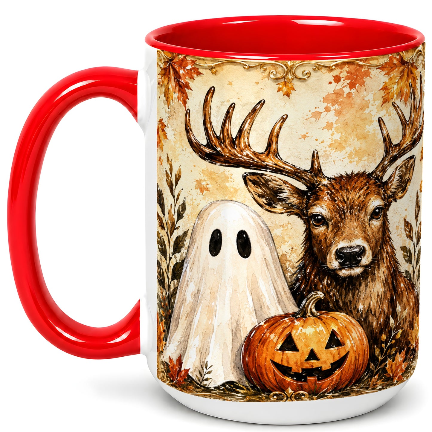 #pl[15oz|Red] Autumn Deer Coffee Mug, Ghost Pumpkin Mug, Ceramic Cup