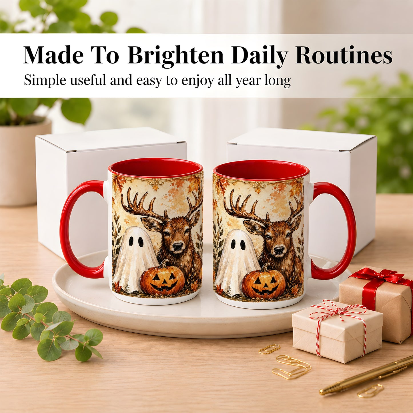 #pl[15oz|Red] Autumn Deer Coffee Mug, Ghost Pumpkin Mug, Ceramic Cup