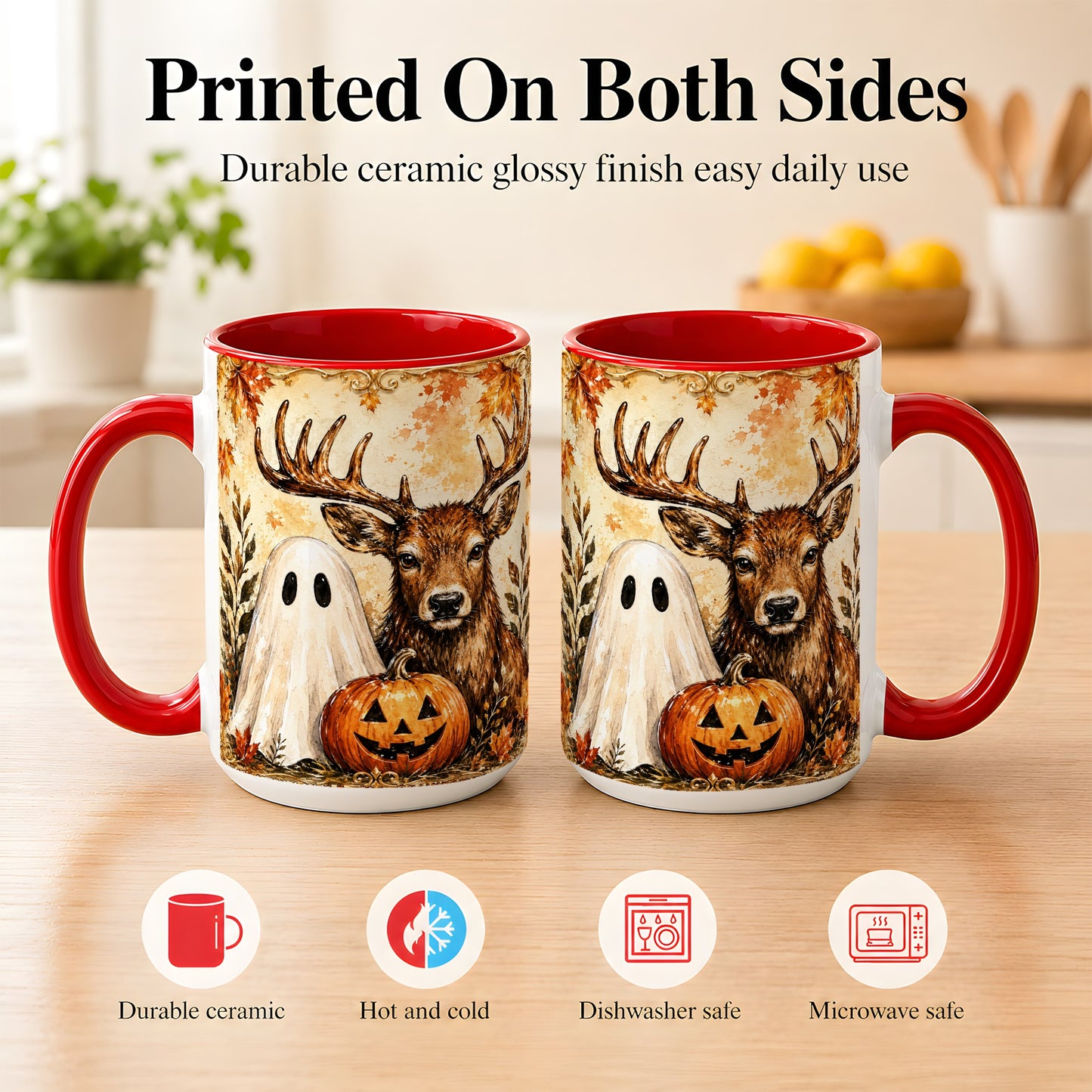#pl[15oz|Red] Autumn Deer Coffee Mug, Ghost Pumpkin Mug, Ceramic Cup