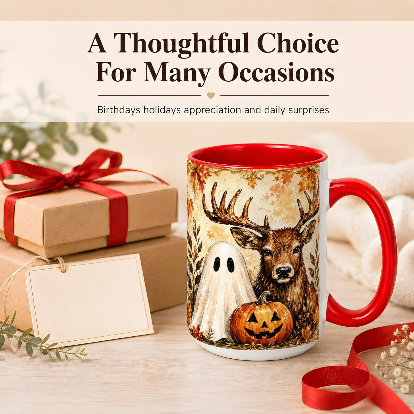 #pl[15oz|Red] Autumn Deer Coffee Mug, Ghost Pumpkin Mug, Ceramic Cup