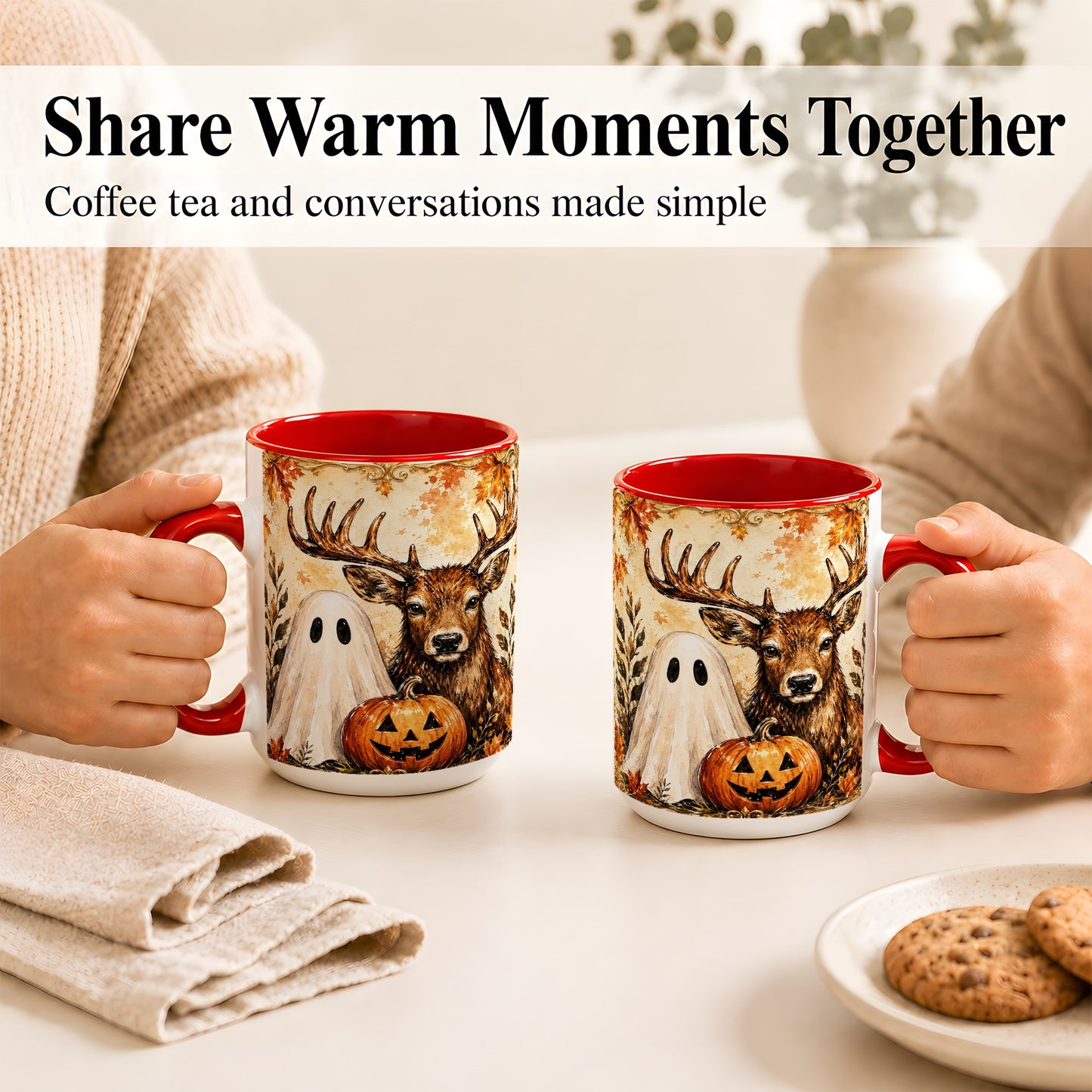 #pl[15oz|Red] Autumn Deer Coffee Mug, Ghost Pumpkin Mug, Ceramic Cup